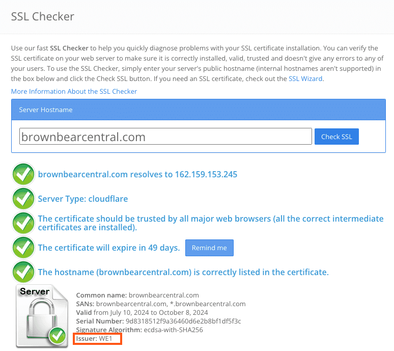 Verifica il nome dell'emittente SSL con SSLShopper SSL Checker.