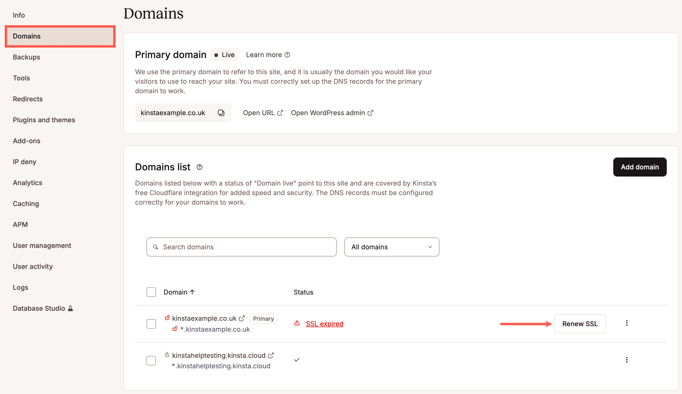 Rinnova SSL per il dominio nell'elenco dei domini MyKinsta.