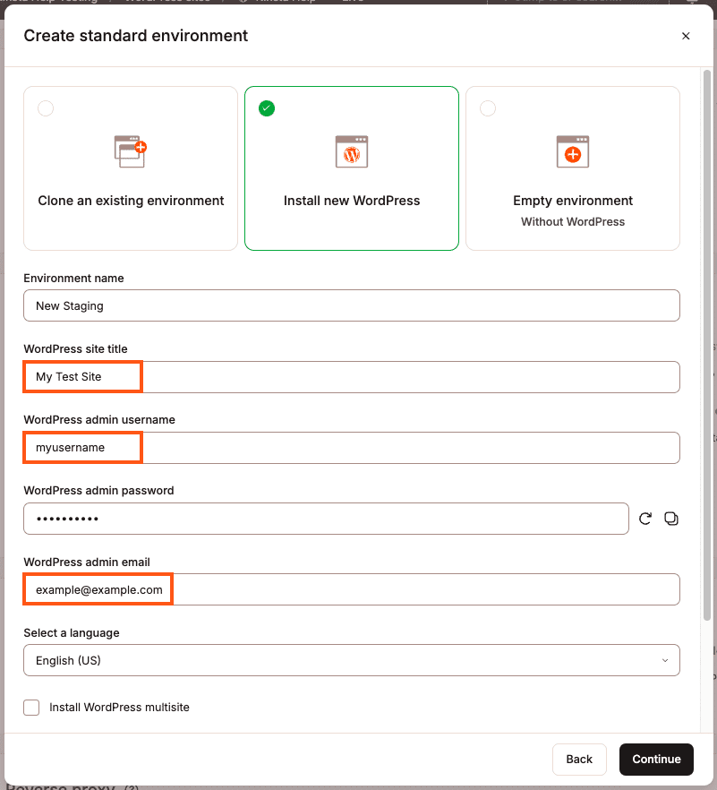 Installiere neues WordPress in deiner Staging-Umgebung