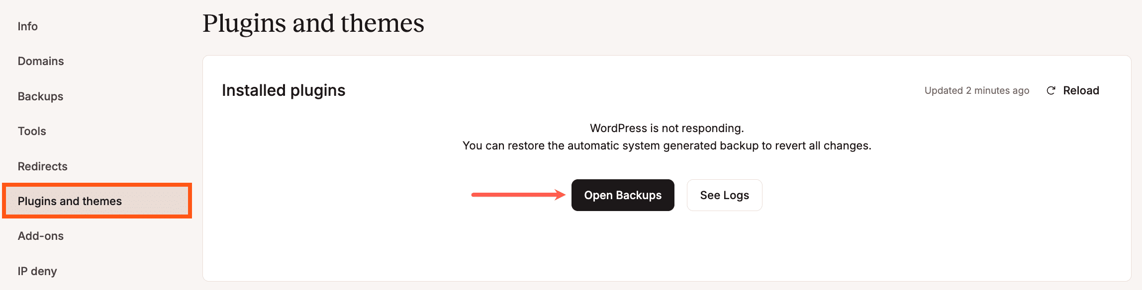 L'aggiornamento del tema non è riuscito e viene visualizzata l'opzione per ripristinare un backup.