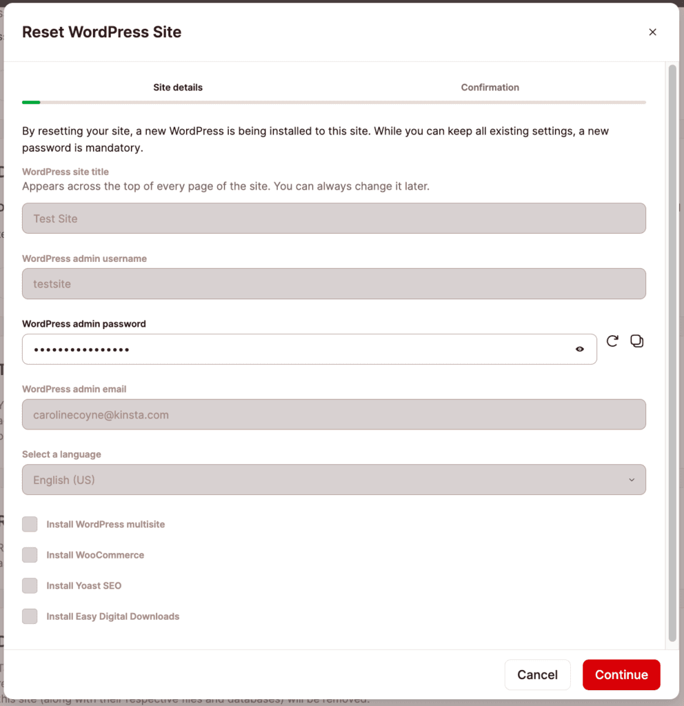 Redefinir seu site para instalar um novo WordPress, mas manter as configurações.