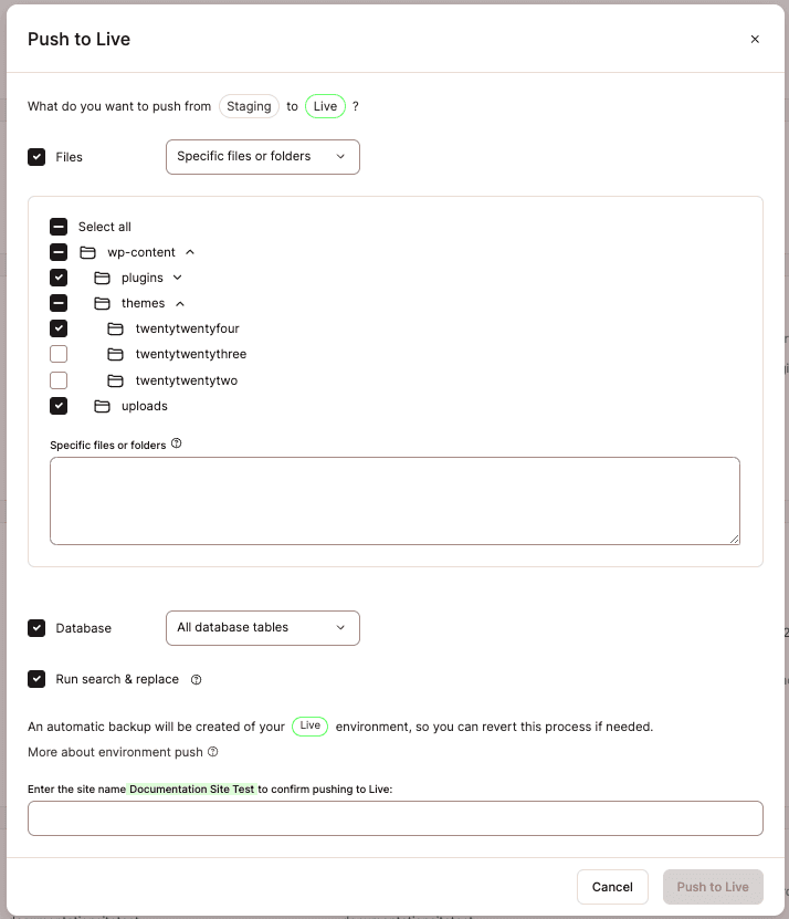 Elegir archivos y tablas de bases de datos con la herramienta Envío Selectivo de MyKinsta