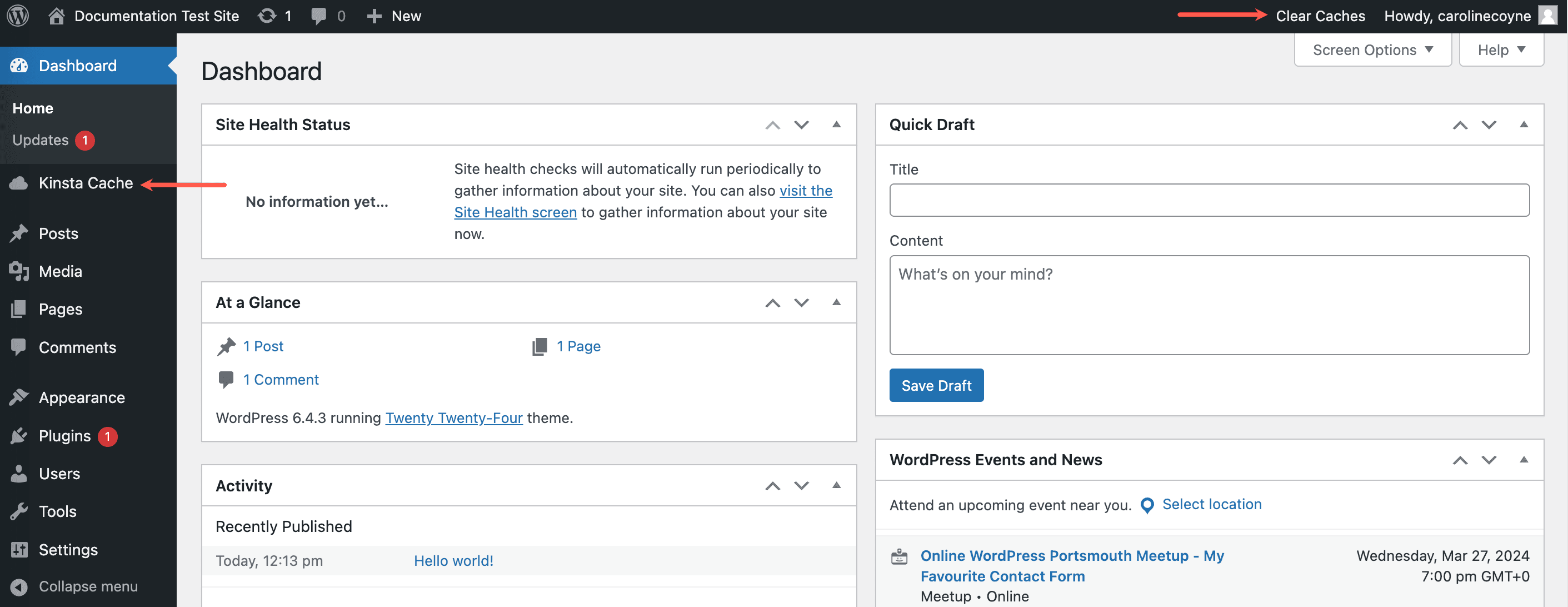 Lösche den Cache in deinem WordPress-Dashboard mit dem Kinsta MU-Plugin.
