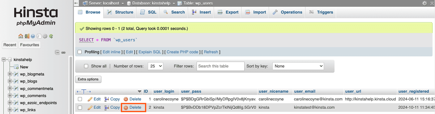 phpMyAdminのwp_usersテーブル内のユーザーを削除