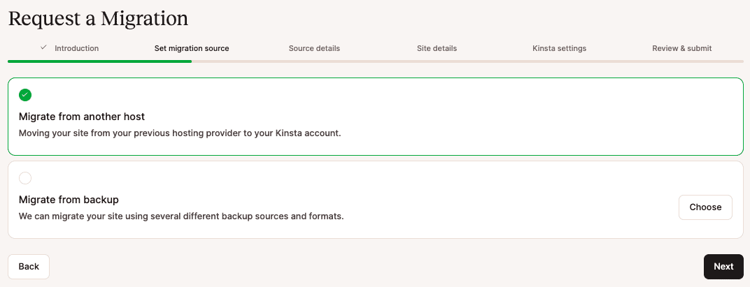 Escolha o tipo de migração no MyKinsta.