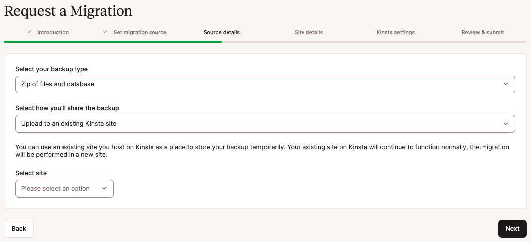 Escolha o tipo de backup e como deseja compartilhá-lo com a equipe de migrações da Kinsta.