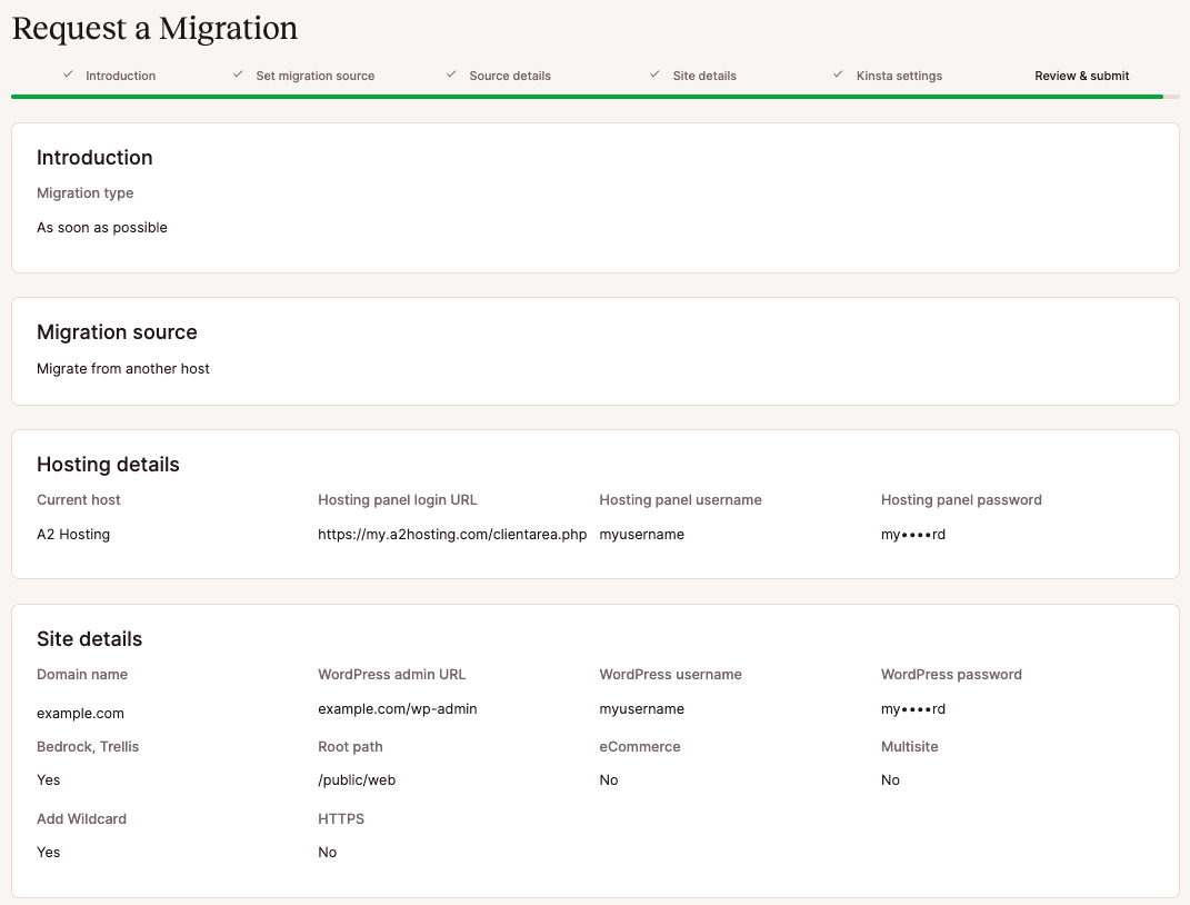Revise e envie sua migração a partir de outro provedor.