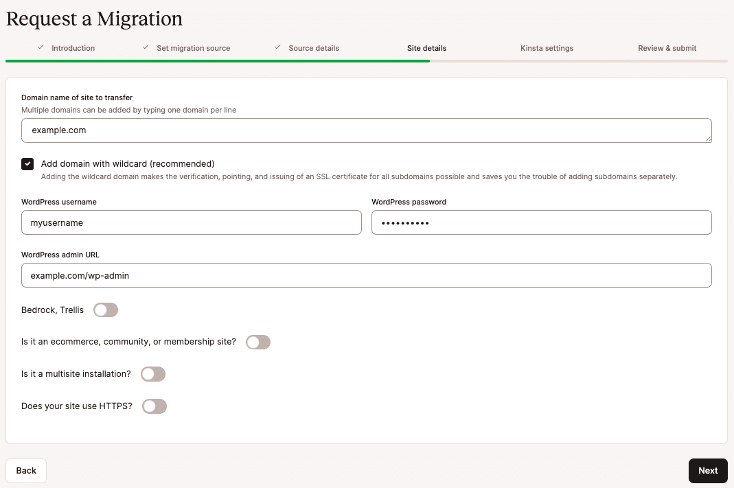 Preencha os detalhes do site na sua solicitação de migração.