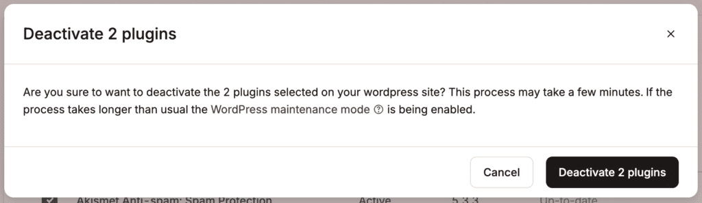 Disattivazione dei plugin sul sito WordPress.