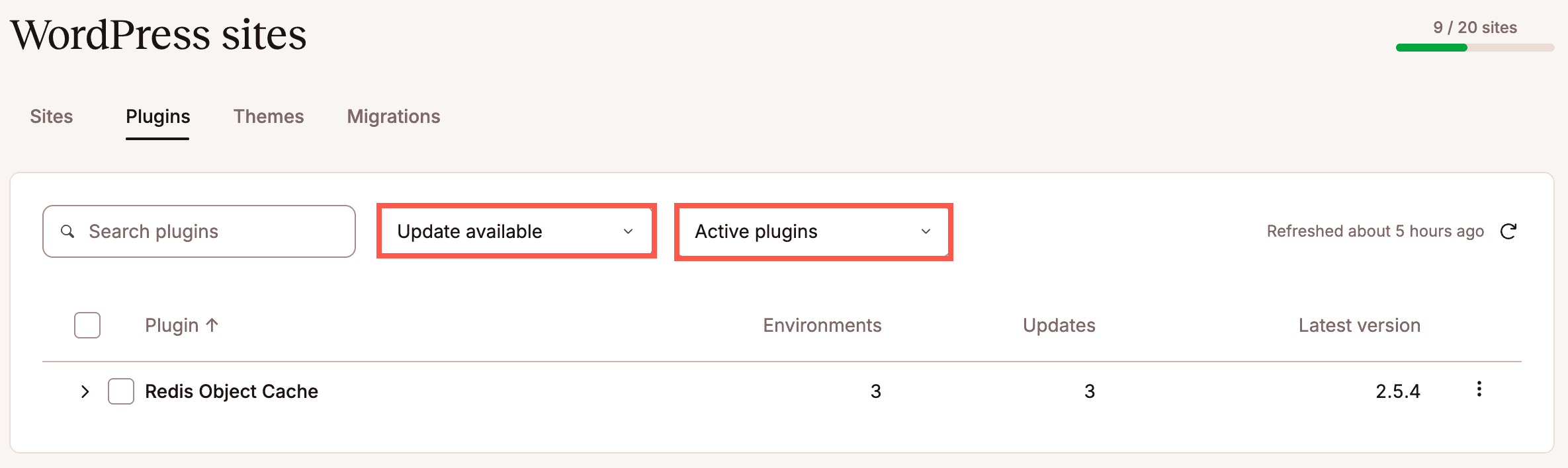Filtrare i plugin per mostrare quelli attivi con un aggiornamento disponibile.
