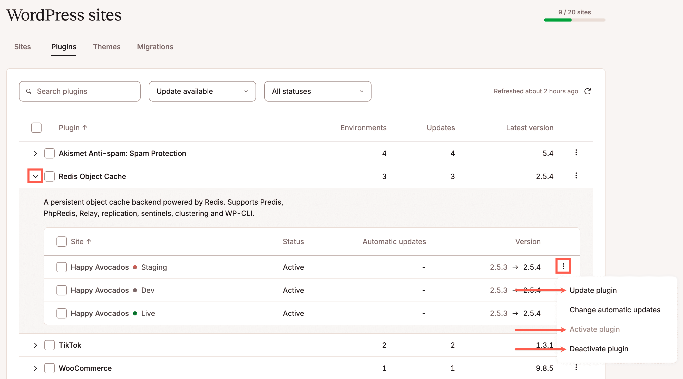 Aggiorna, attiva o disattiva un singolo plugin.