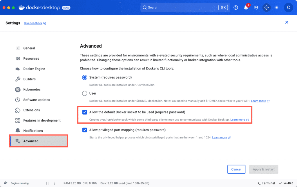 Check the Docker Desktop settings.