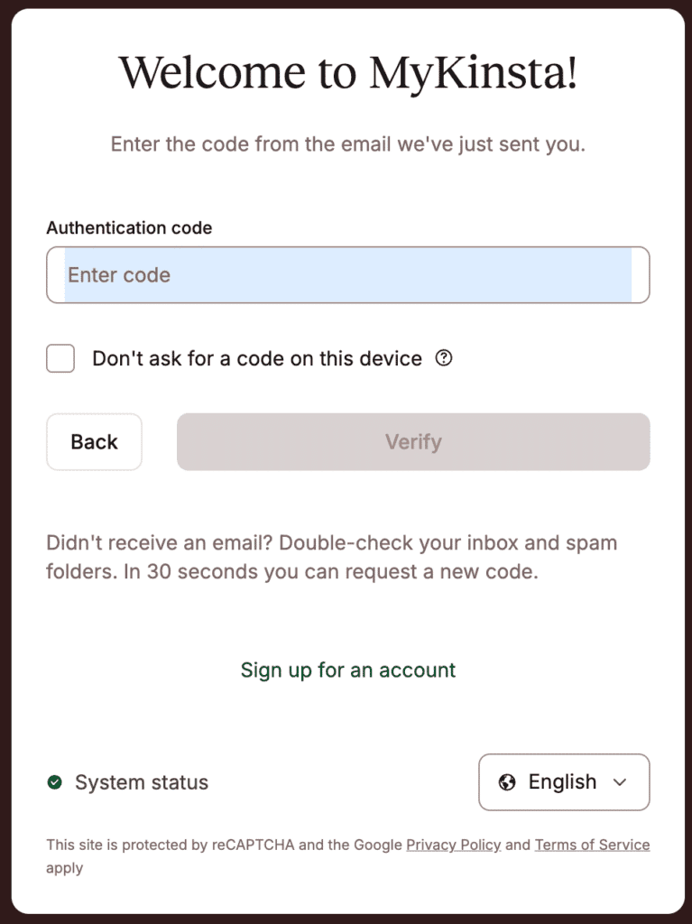 Autenticazione 2FA quando accedi a MyKinsta.