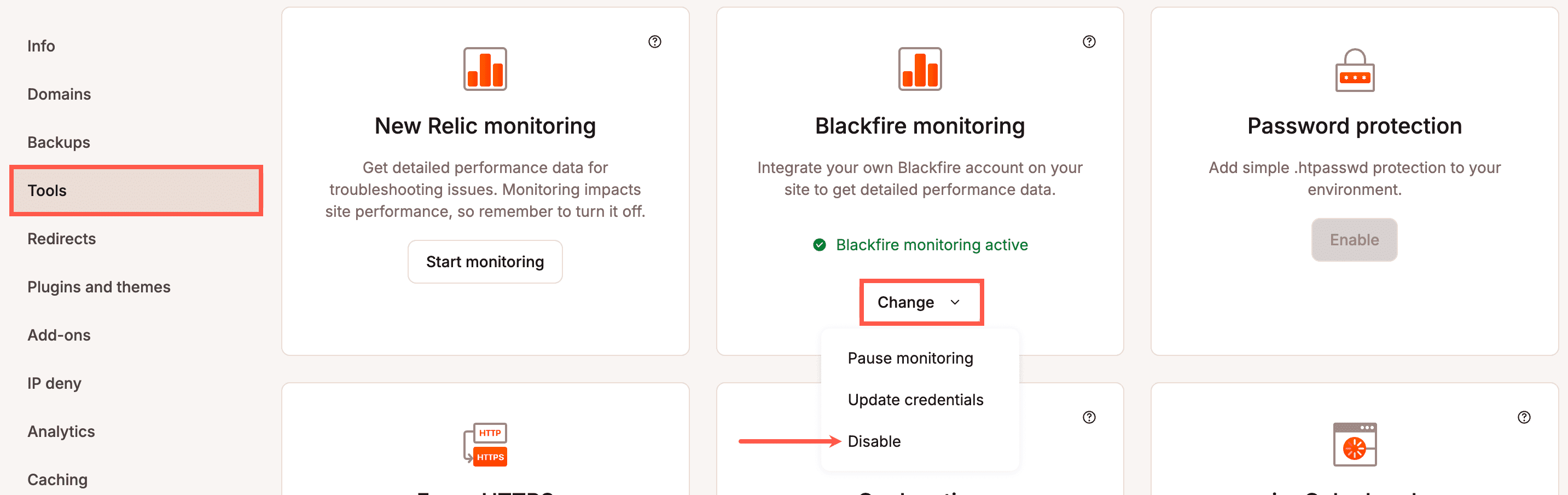 Disattivazione del monitoraggio di Blackfire.