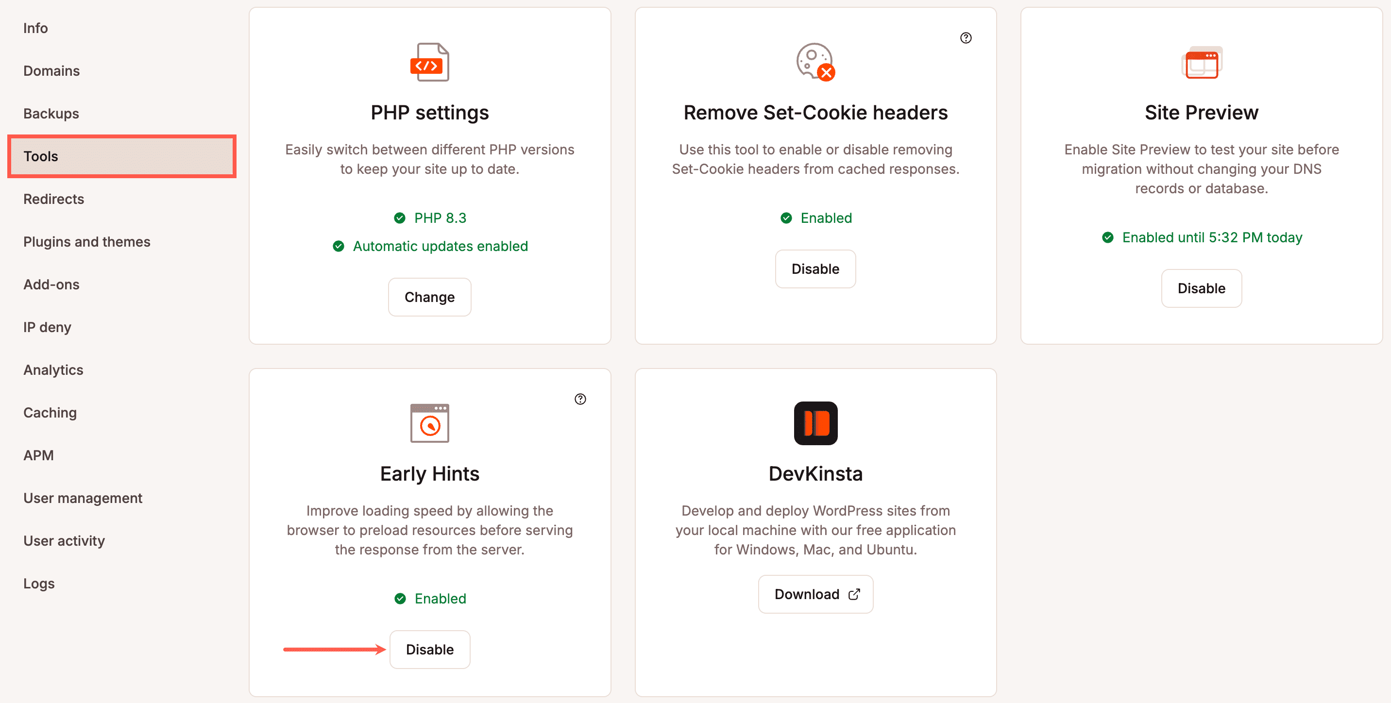Desactiva Early Hints en MyKinsta.