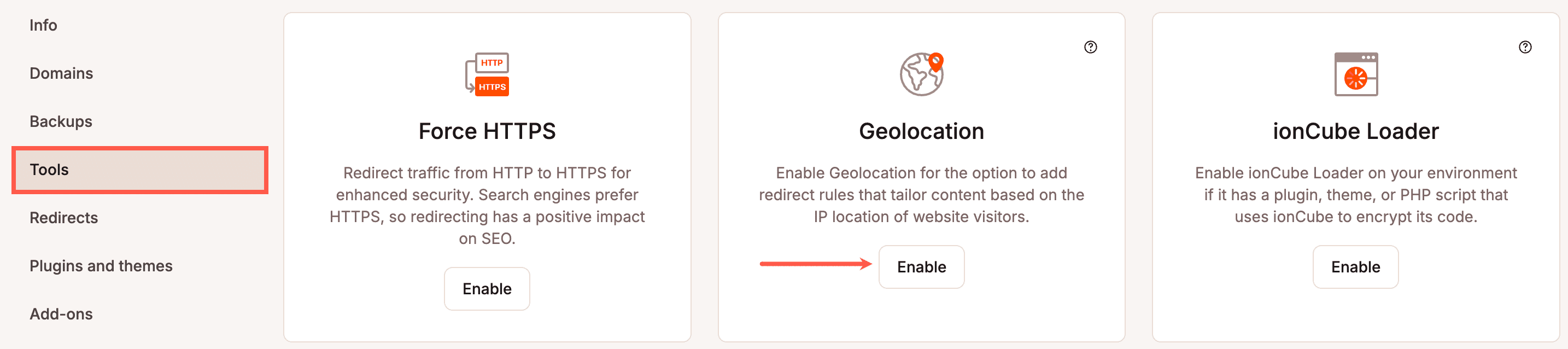 La geolocalizzazione può essere abilitata dalla sezione Strumenti di MyKinsta.