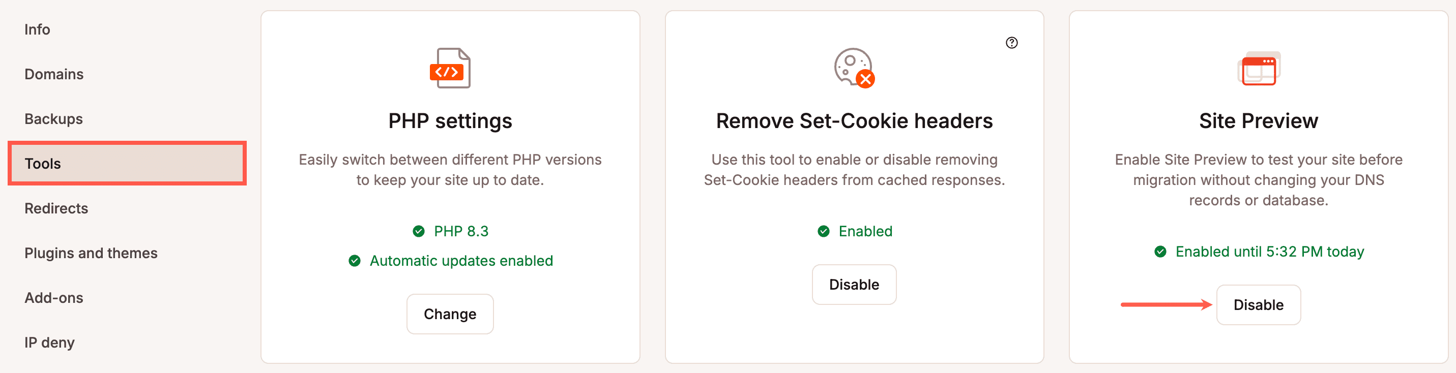 Disattivare l'anteprima del sito in MyKinsta.