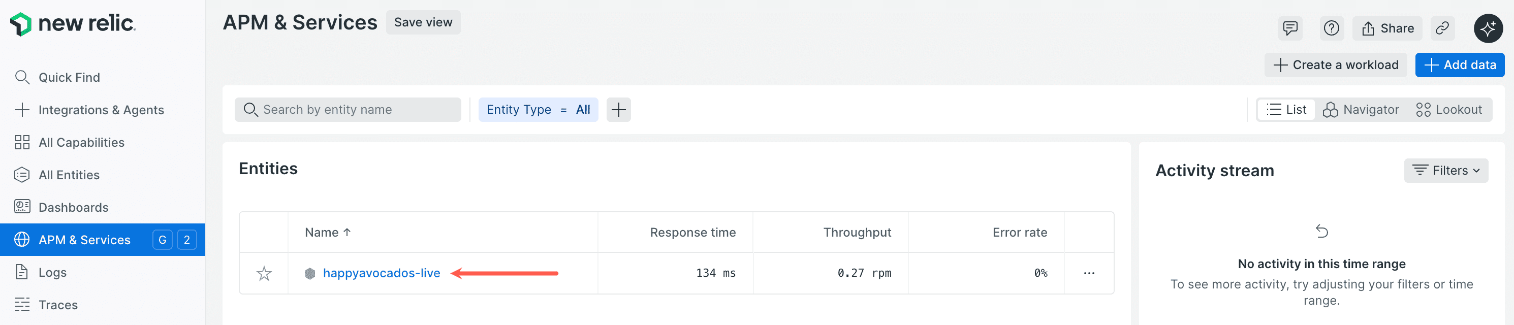 New Relicの「APM & Services」ページ