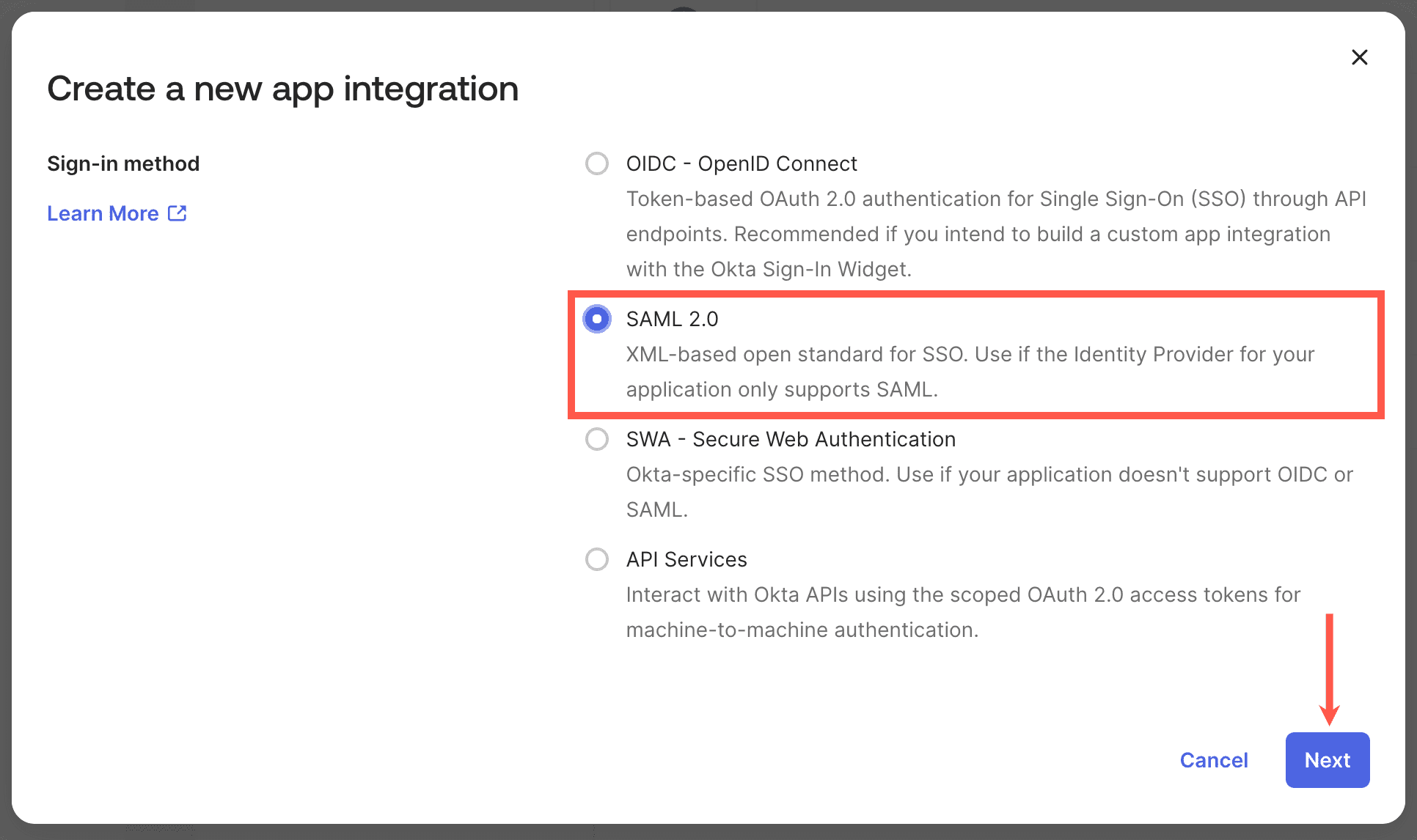 Selezionare SAML 2.0 come metodo di accesso in Okta.