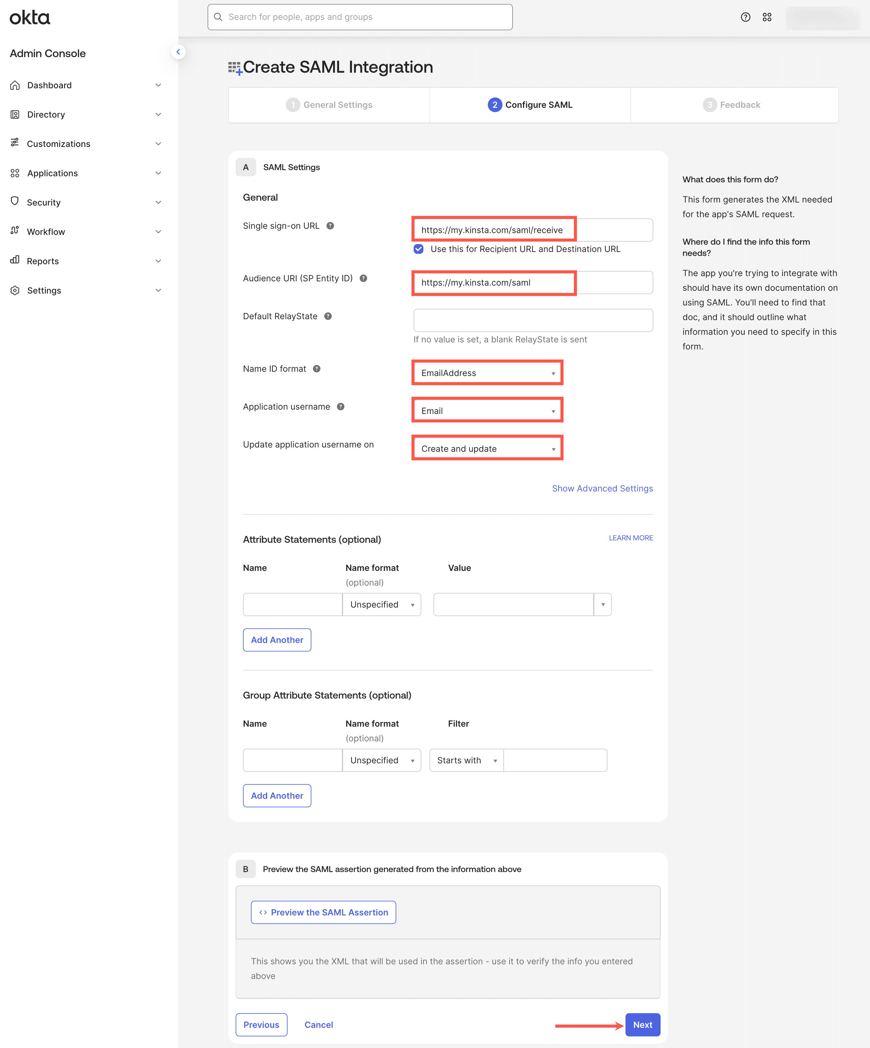 Configurazione dell'applicazione SAML in Okta.