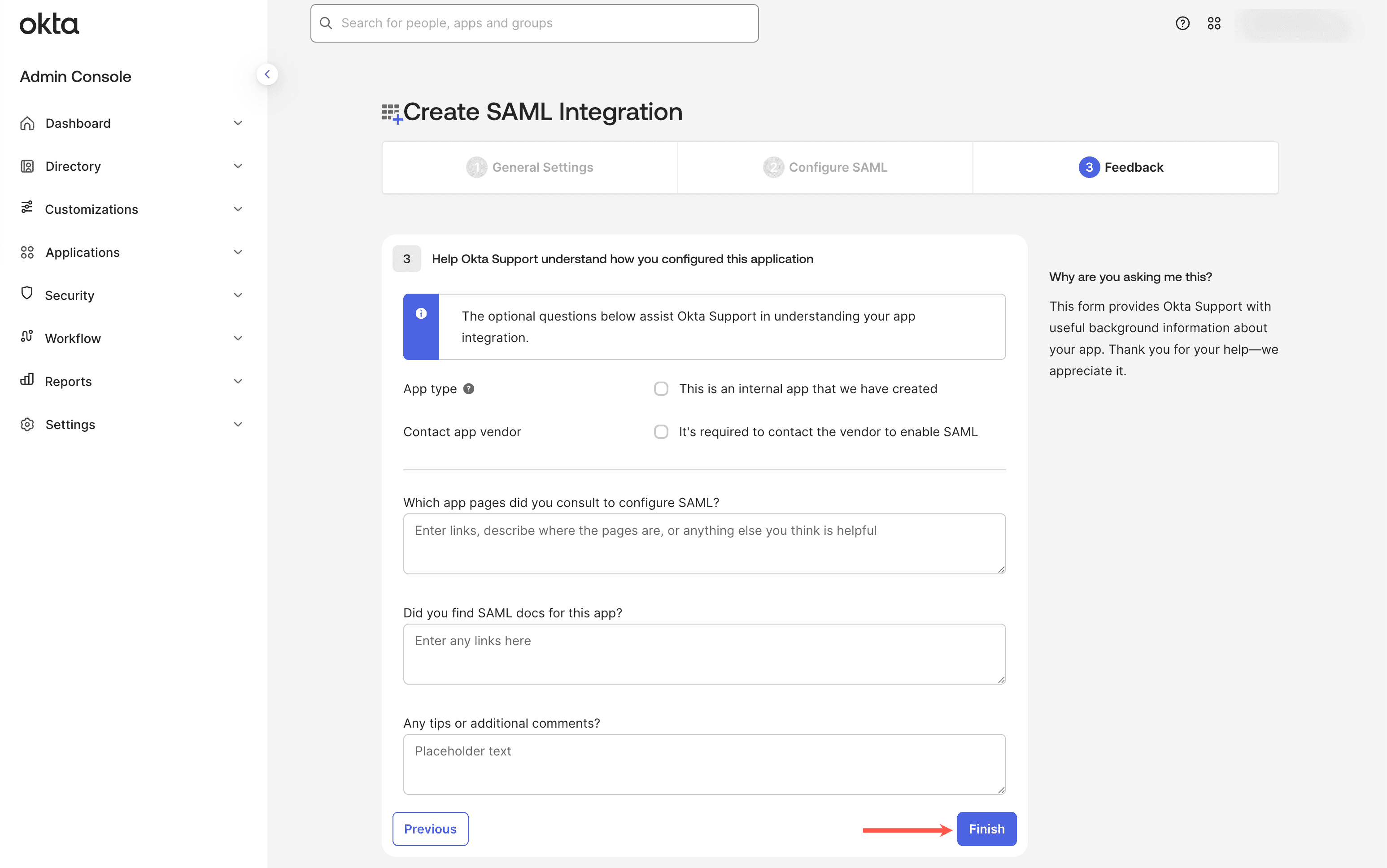 Completamento della configurazione dell'integrazione dell'app in Okta.