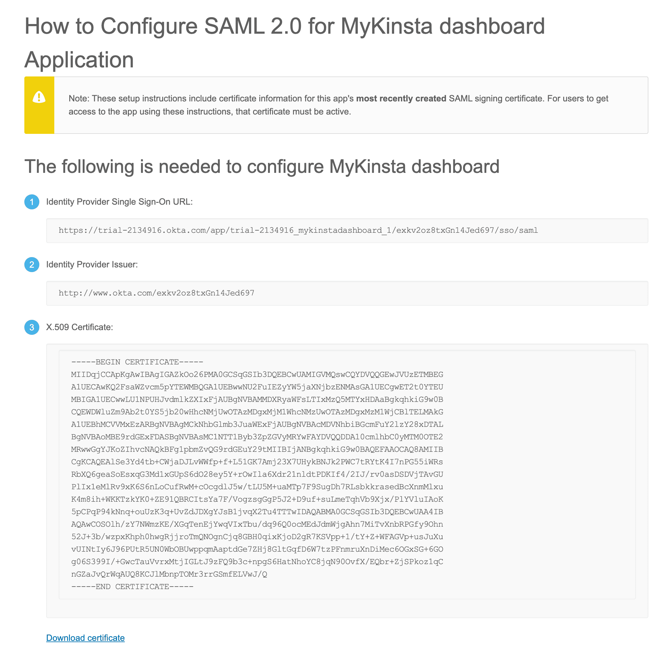 Dati della configurazione SAML in Okta.