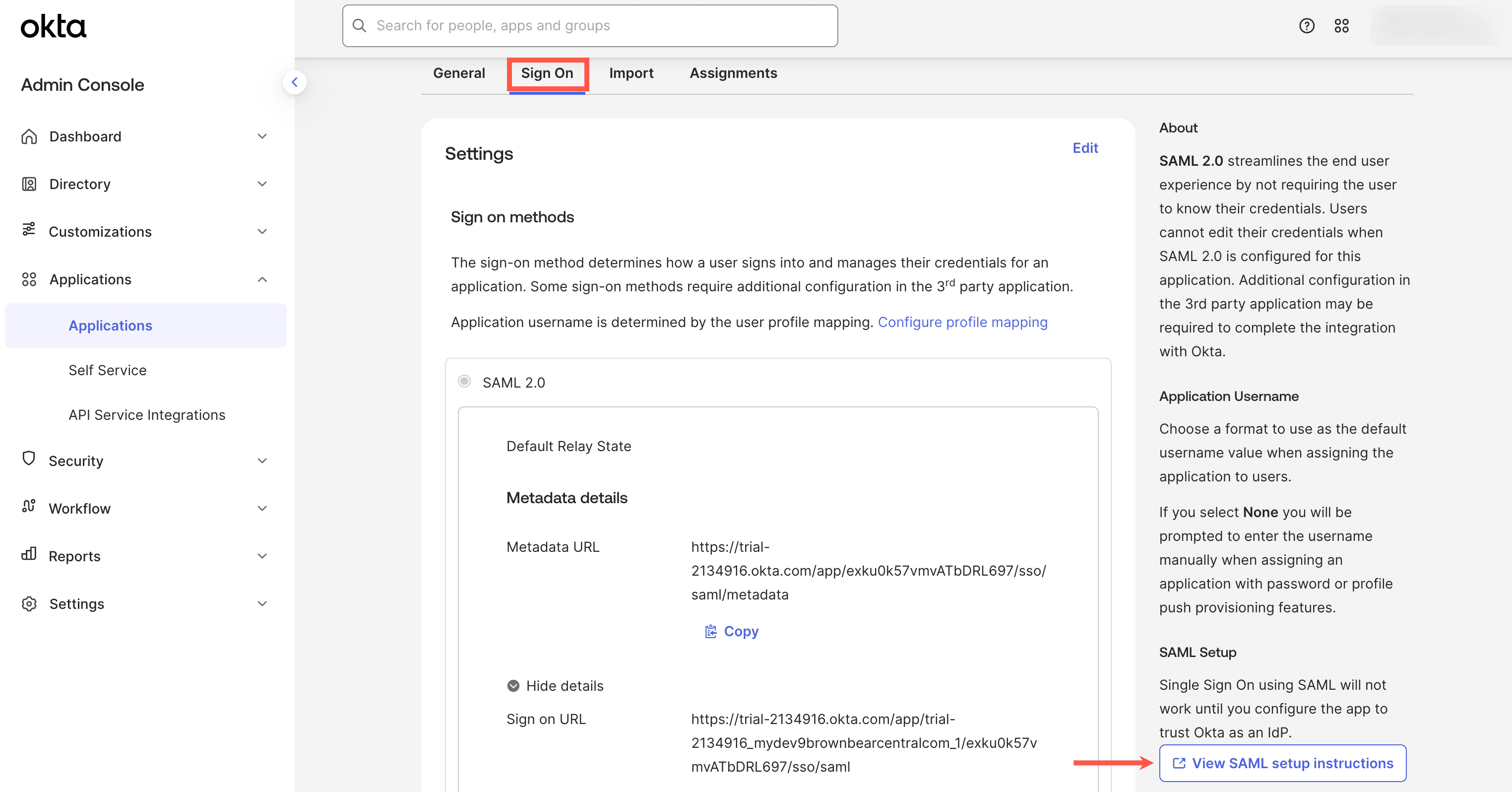 Le istruzioni di configurazione SAML in Okta.