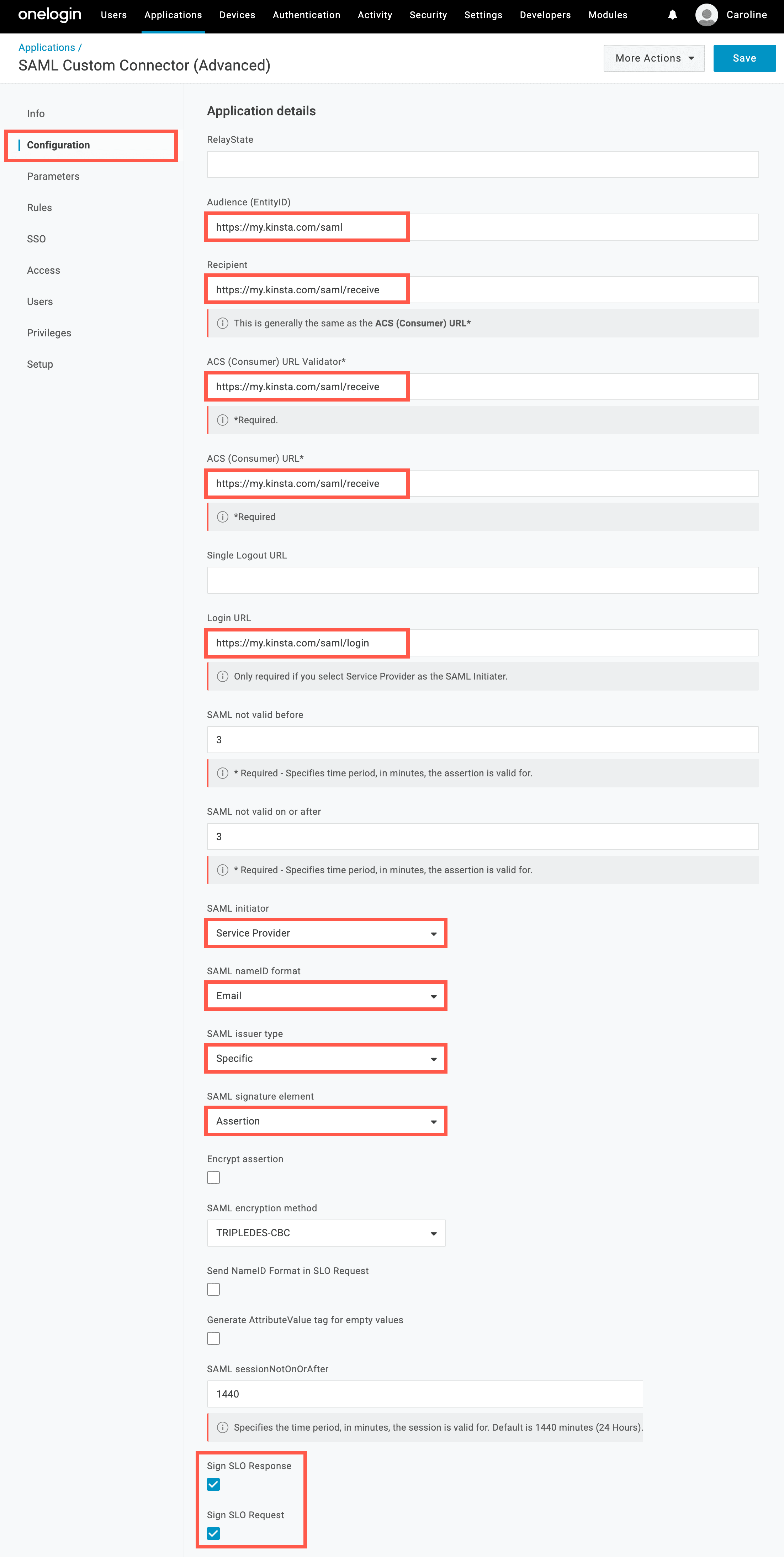 Configuration of the SAML app in OneLogin.
