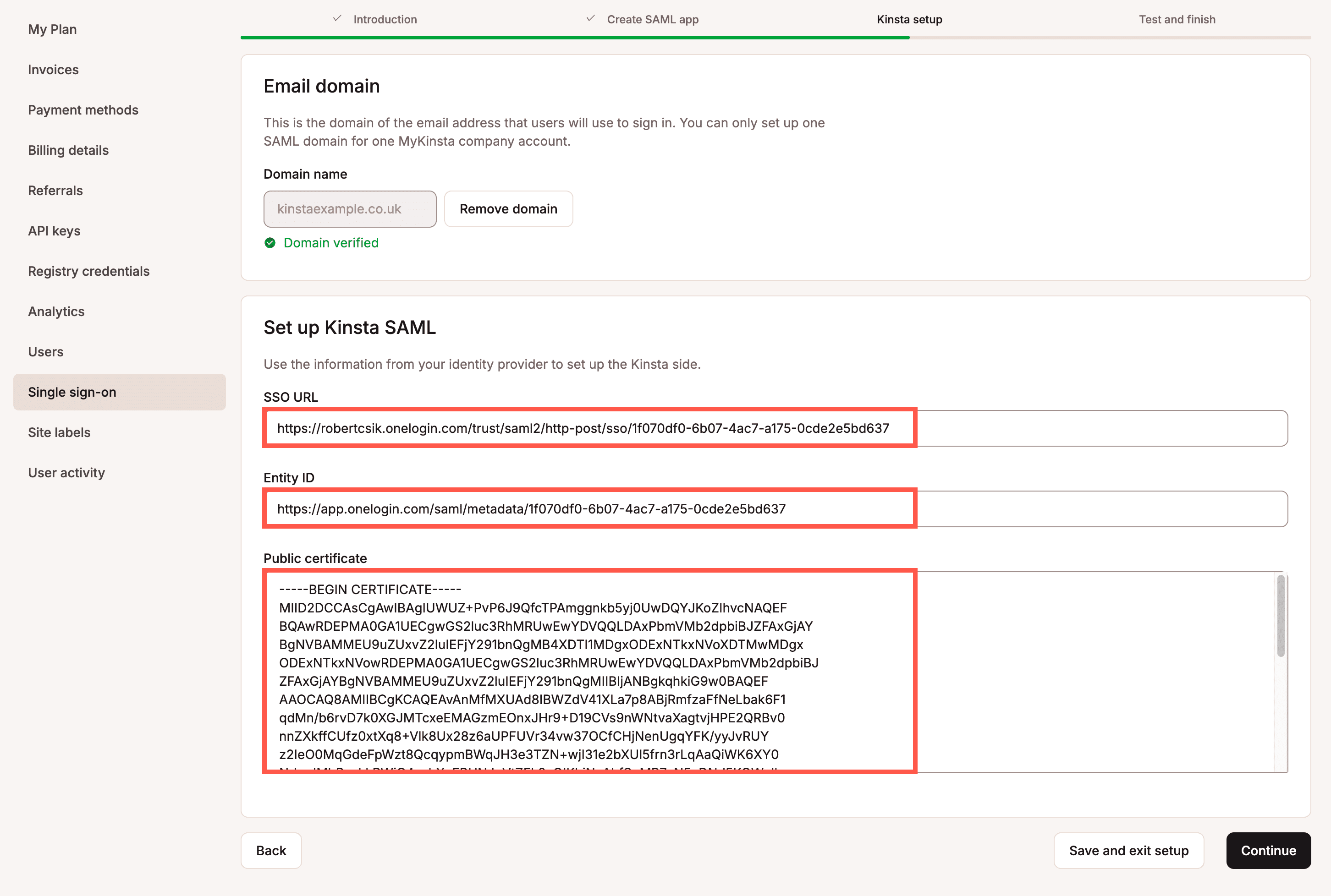 Enter the required information from the IdP to set up Kinsta SAML.