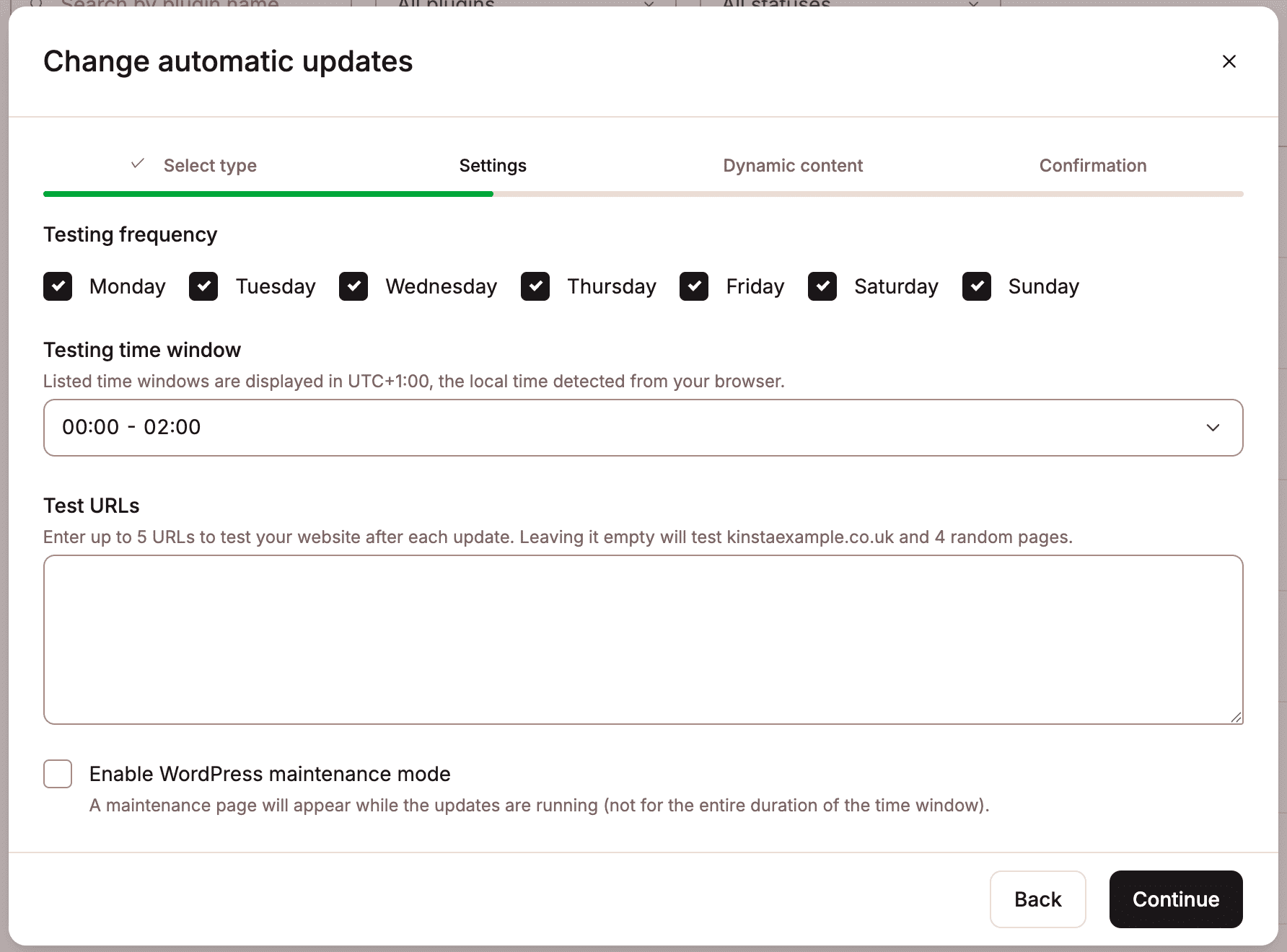 Configurações das Atualizações Automáticas da Kinsta.