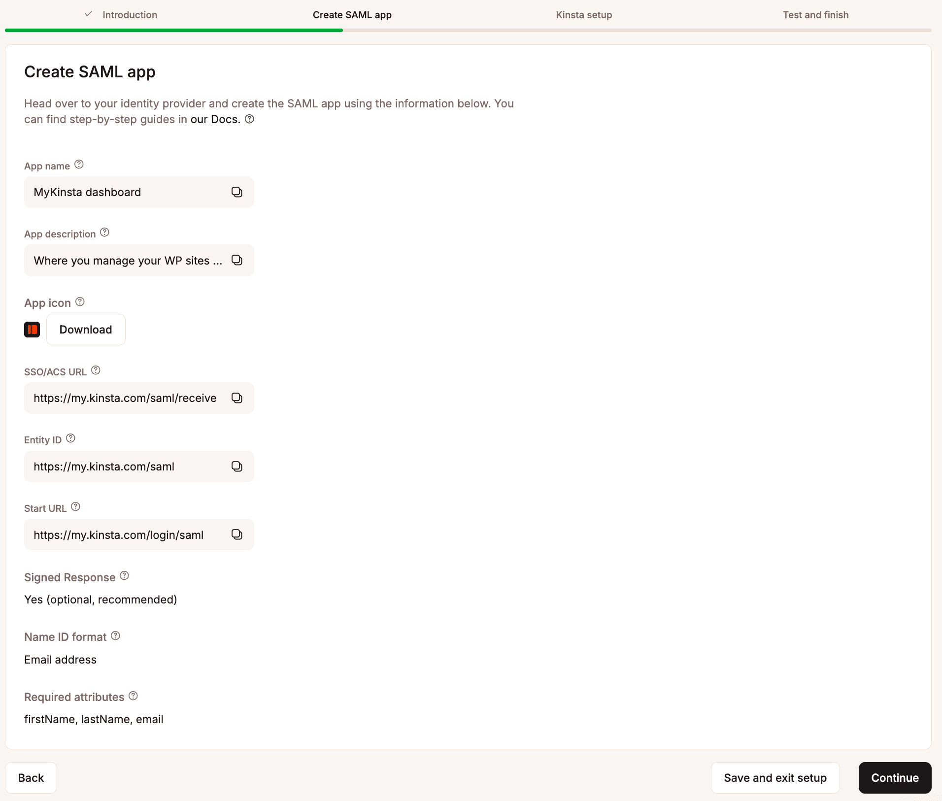 Information to create the SAML app at OneLogin.
