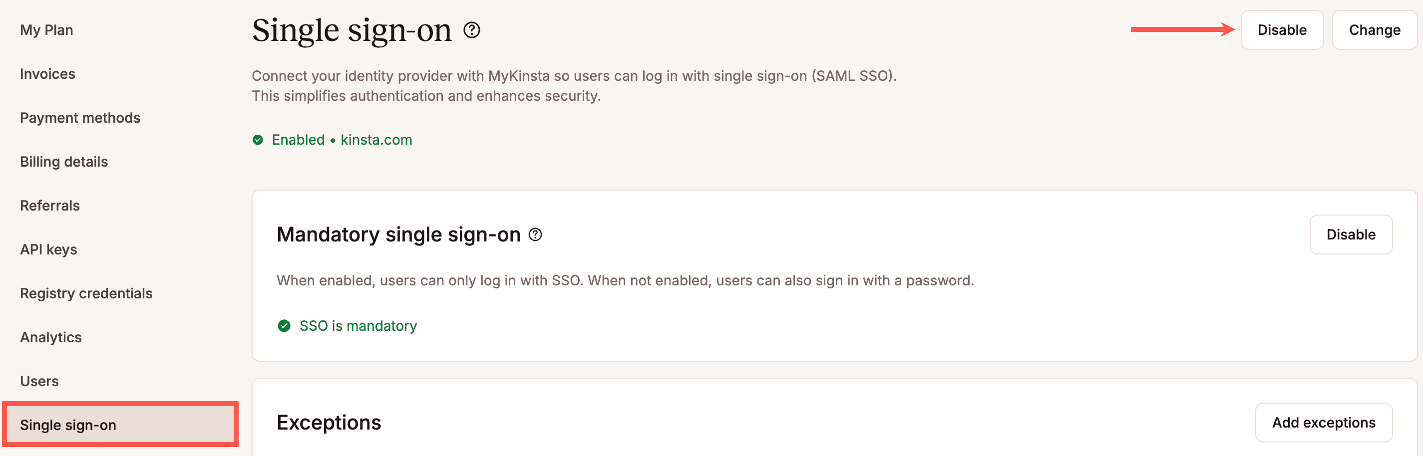 Disable SAML SSO in MyKinsta.