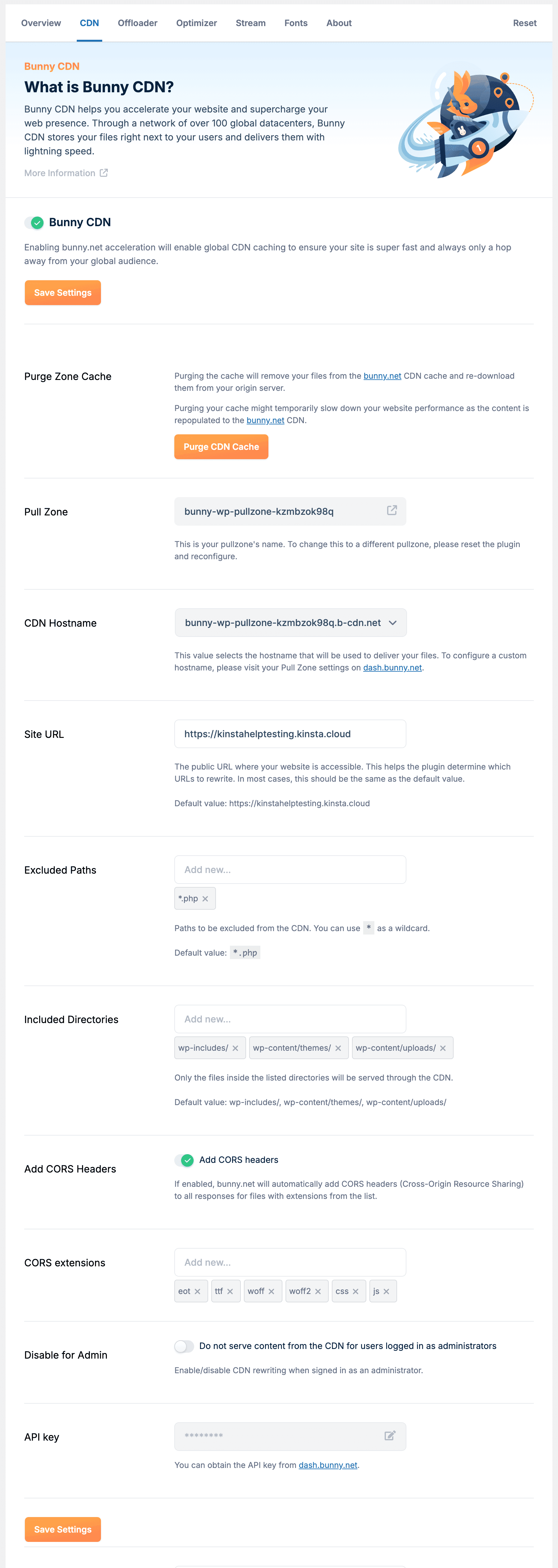 CDN settings in the Bunny.net plugin.