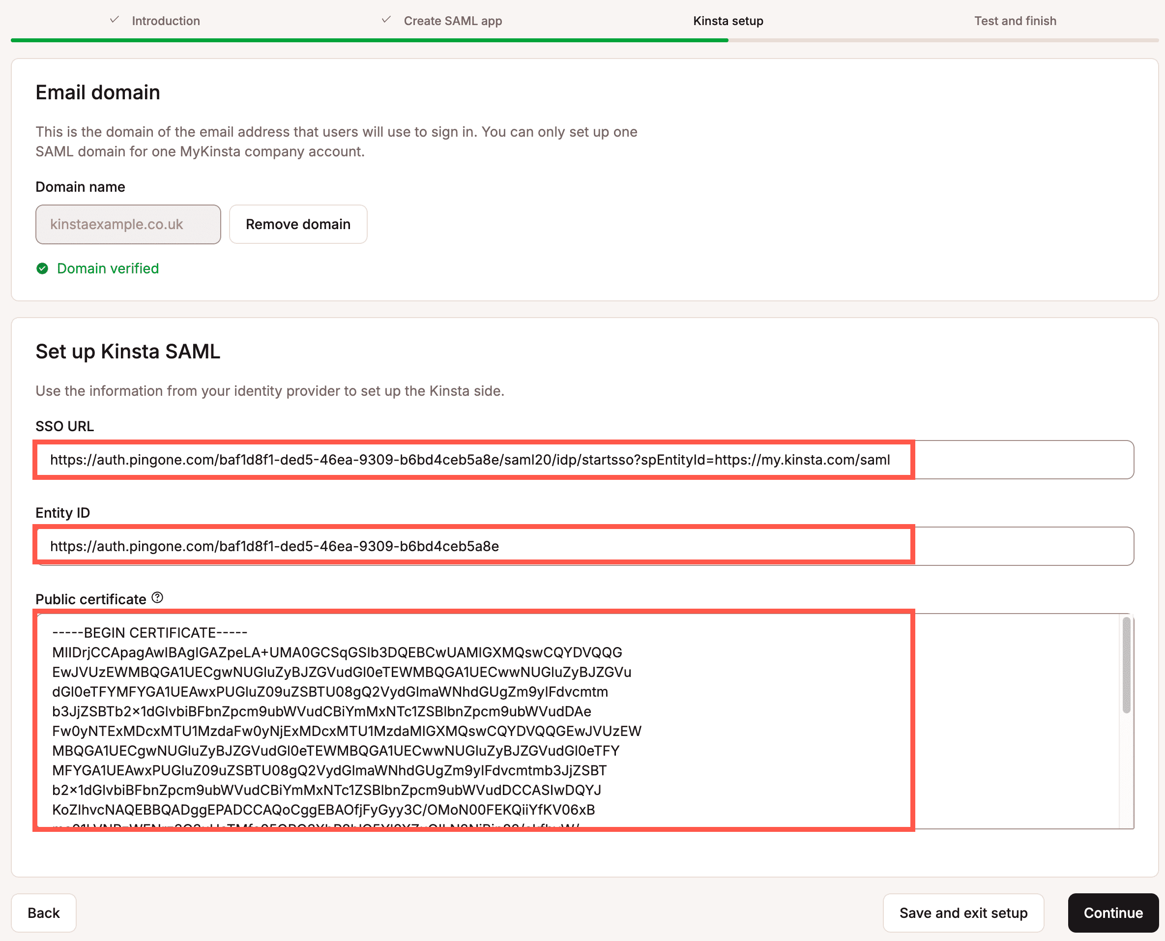 Inserire le informazioni richieste dall'IdP per configurare Kinsta SAML.