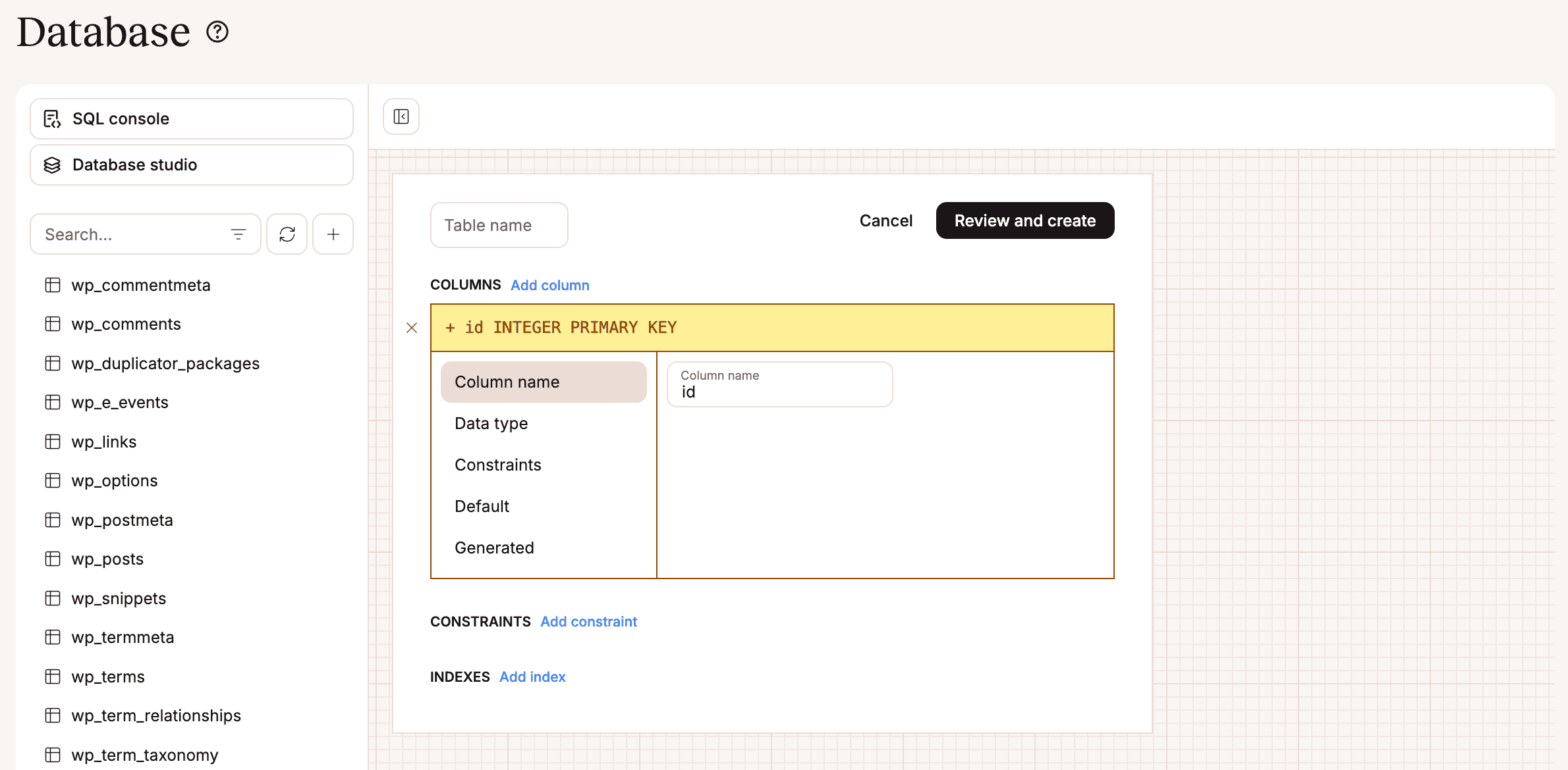 Aggiunta di una nuova tabella al database.