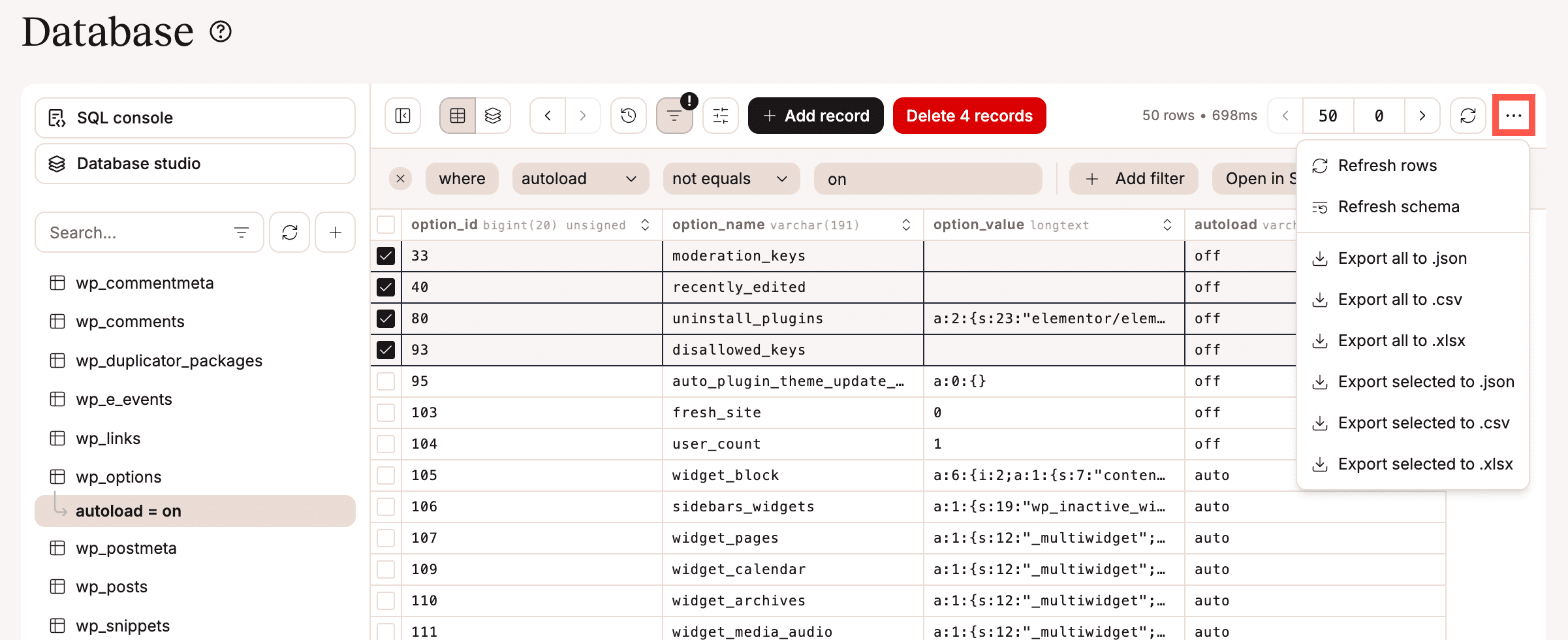 Esportazione del database.