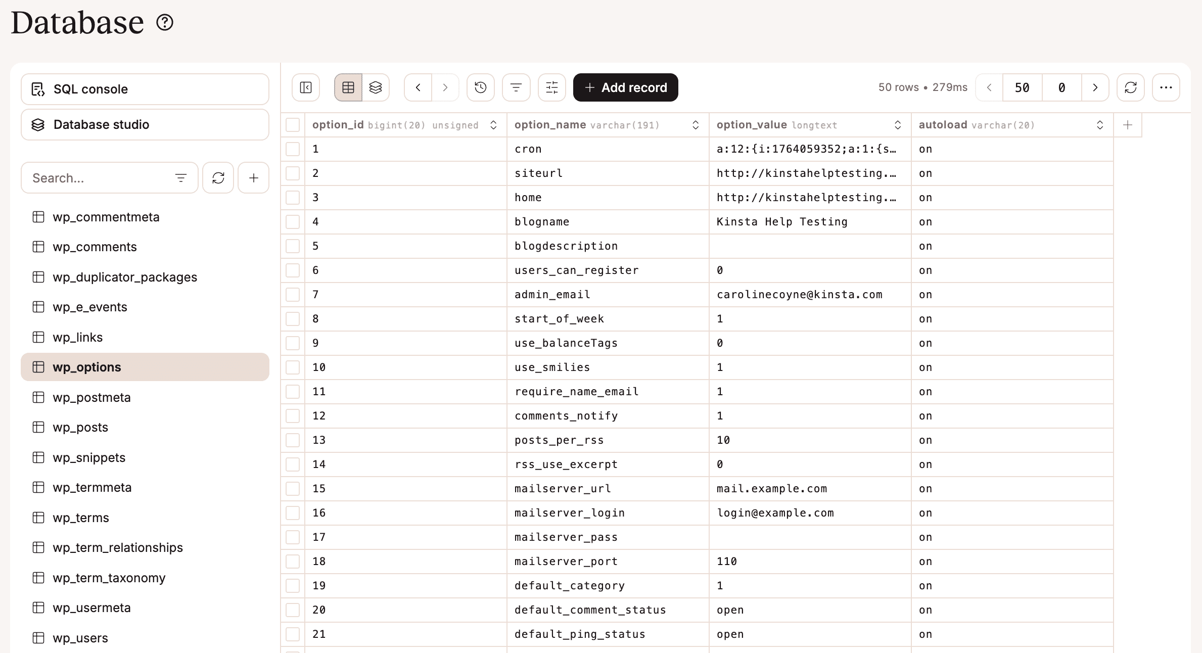 gestione del Database Studio in MyKinsta.