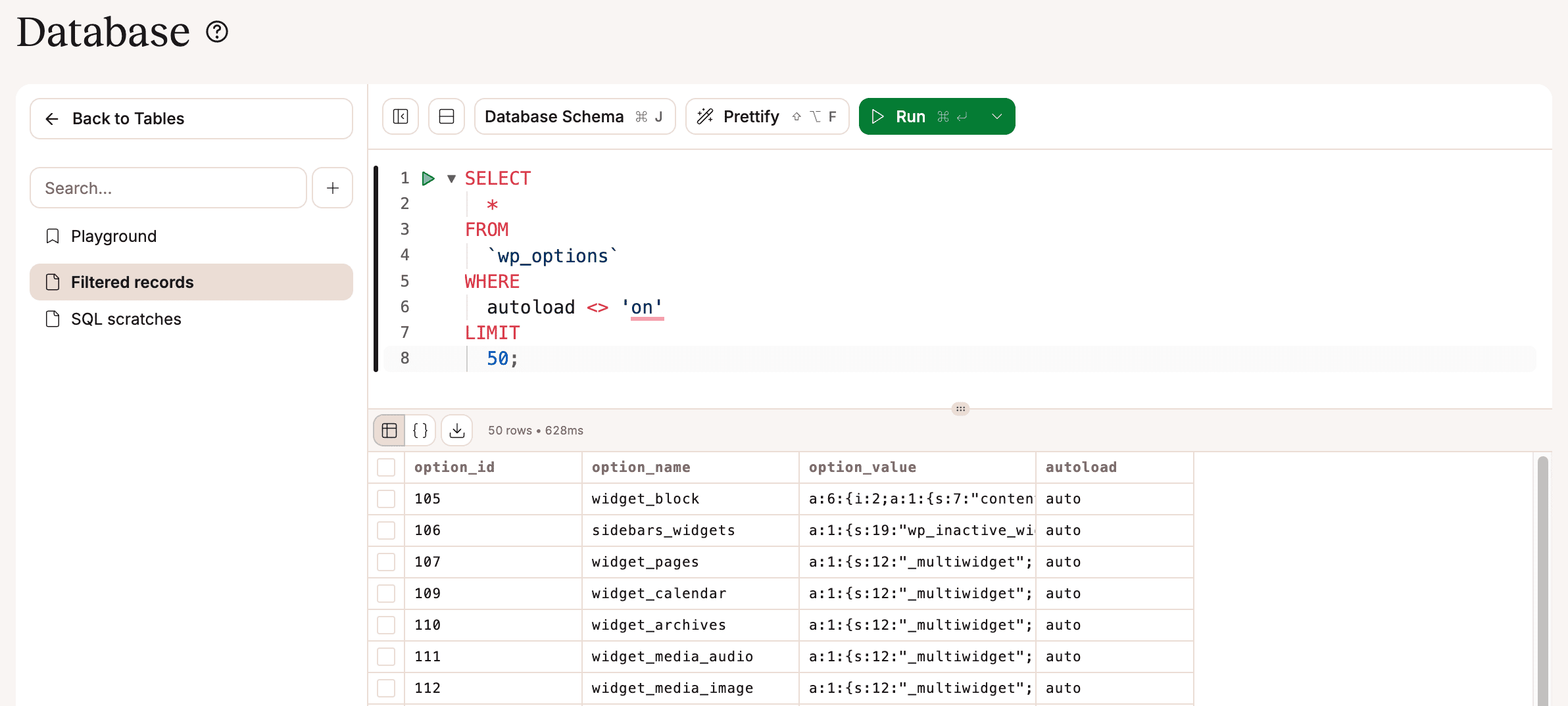 Console SQL del Database.