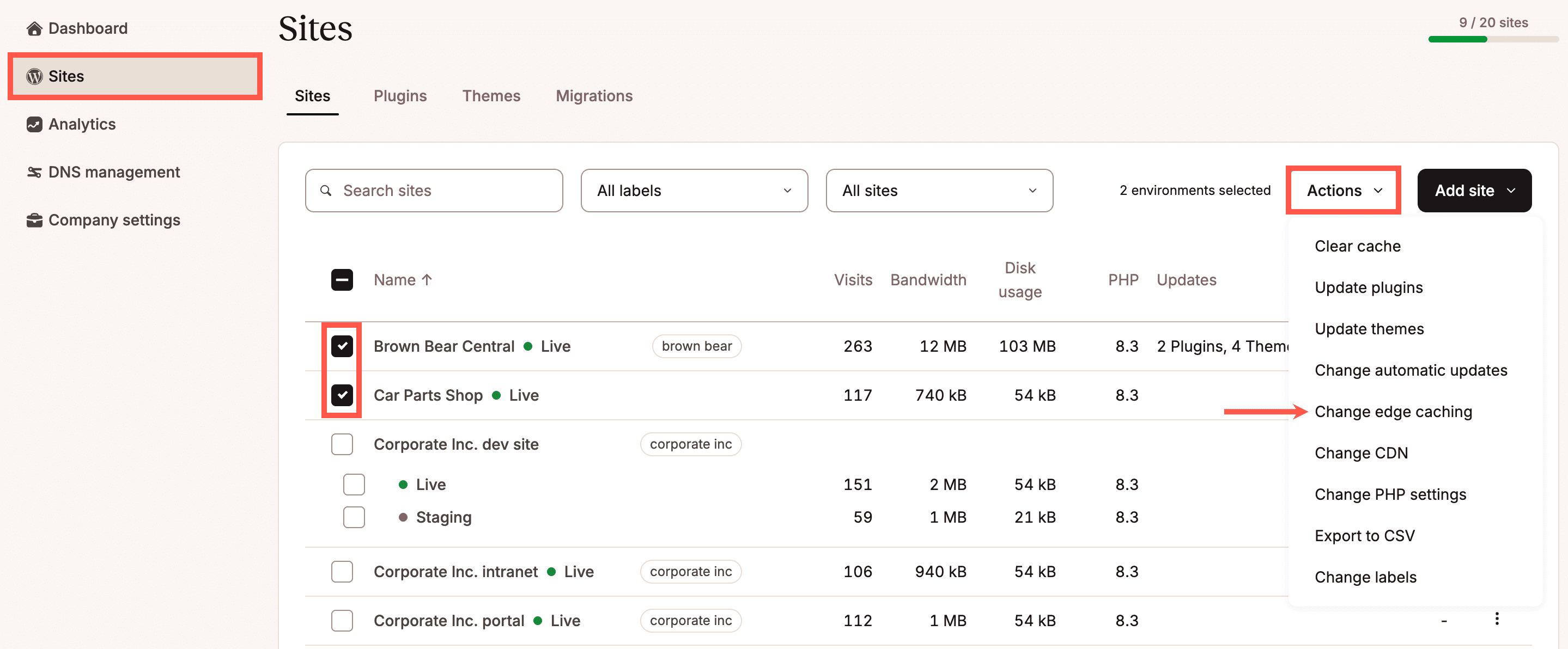 Selecciona para qué entornos quieres habilitar Edge Caching.
