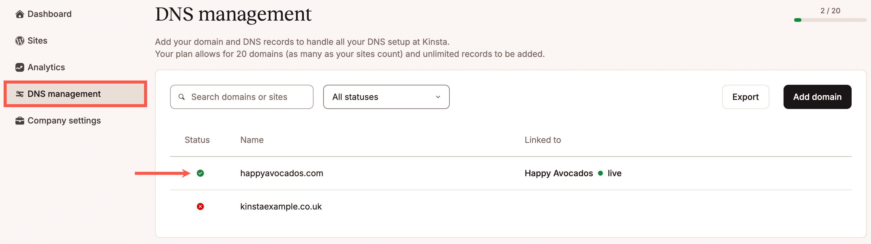 Un segno di spunta in Kinsta DNS indica che i server dei nomi sono puntati su Kinsta; una X indica che non lo sono.