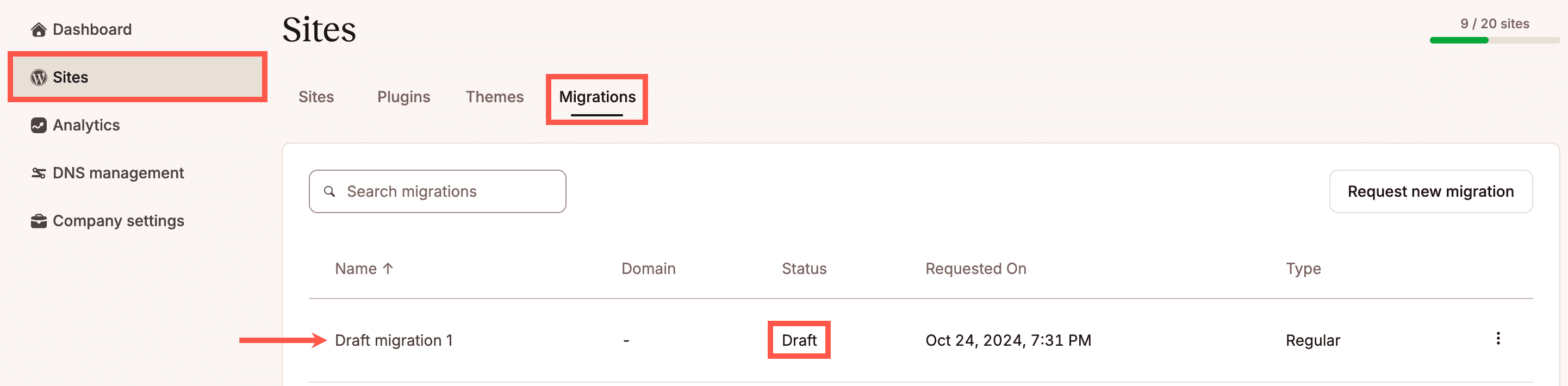 Clique no nome de uma solicitação de migração para continuar editando ou visualizar a página de detalhes da migração.