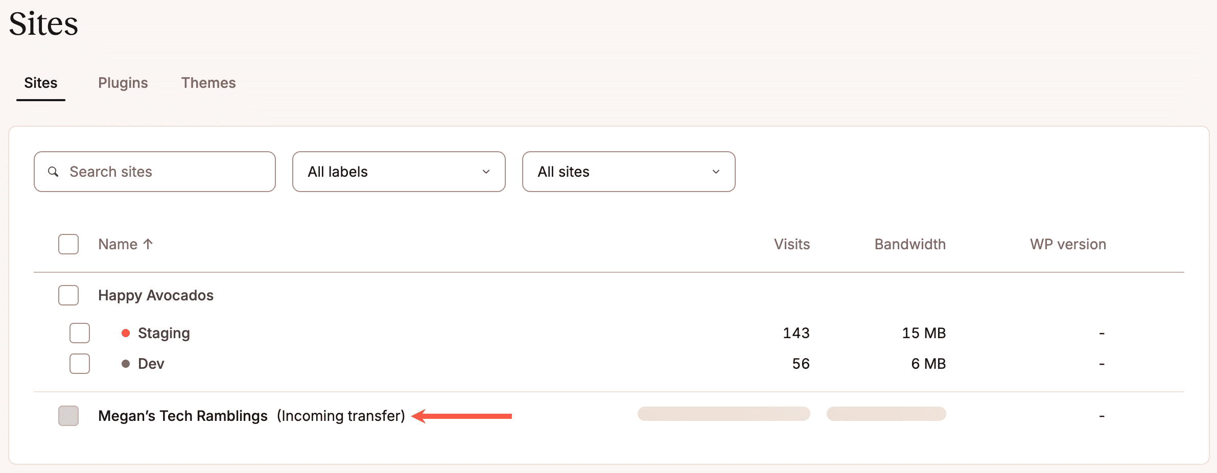 Incoming site transfer in the destination company’s MyKinsta WordPress Sites list.