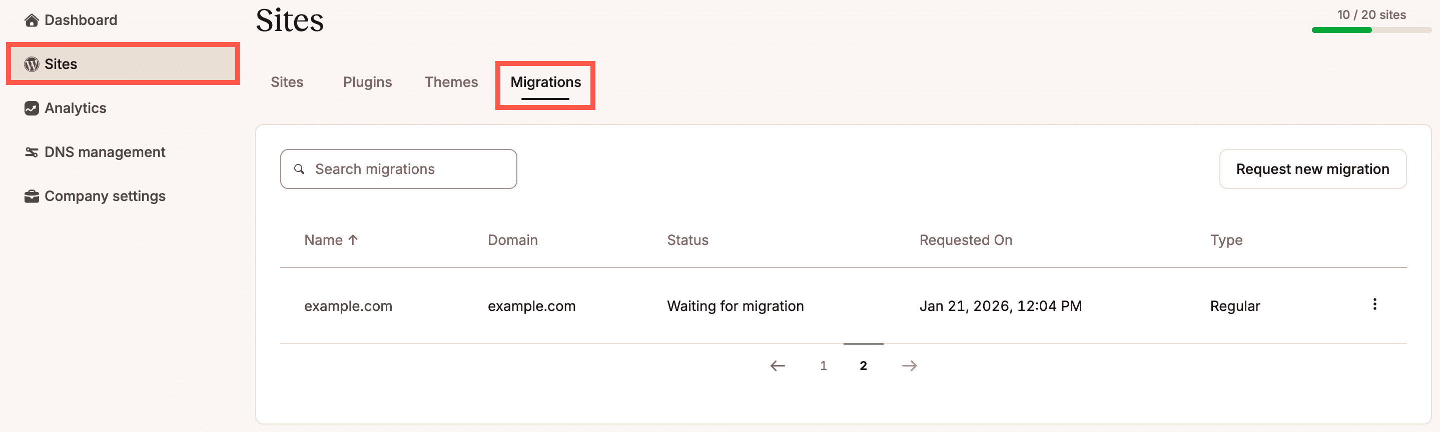 Visualize as solicitações de migração na aba Migrações dentro da página de sites WordPress no MyKinsta.
