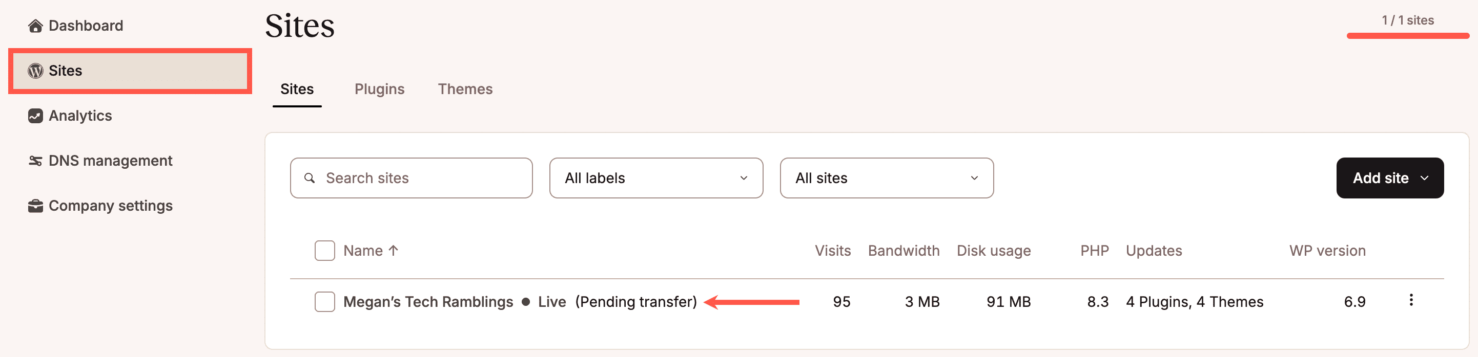 A site pending transfer to another company in MyKinsta.