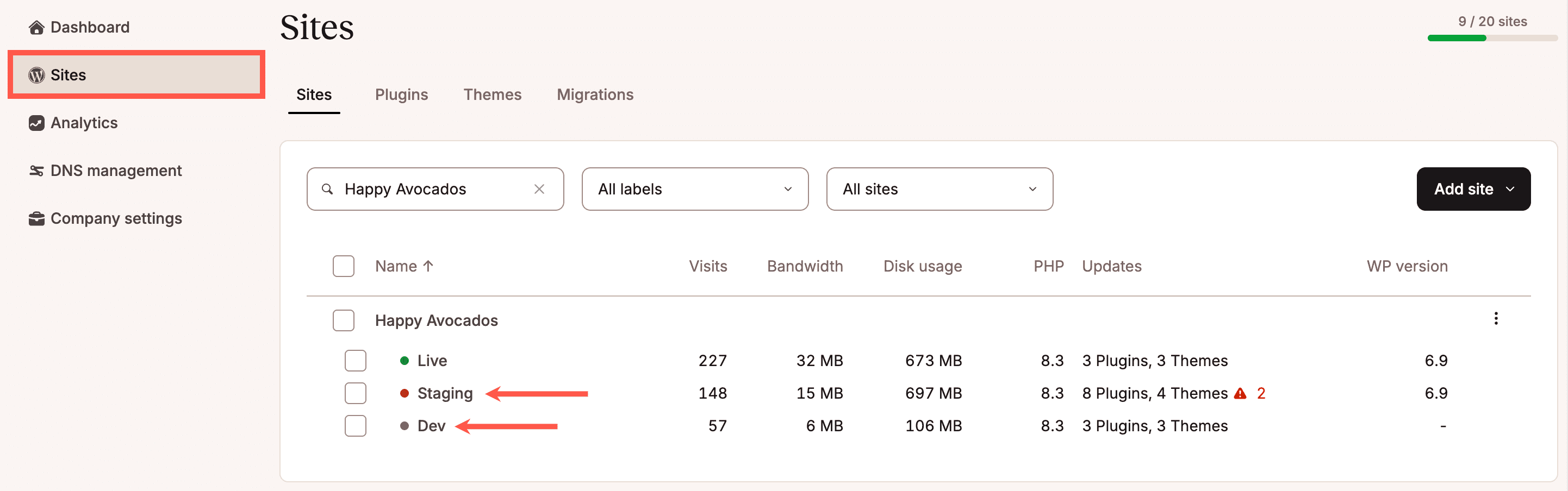 Select a WordPress staging environment in MyKinsta.