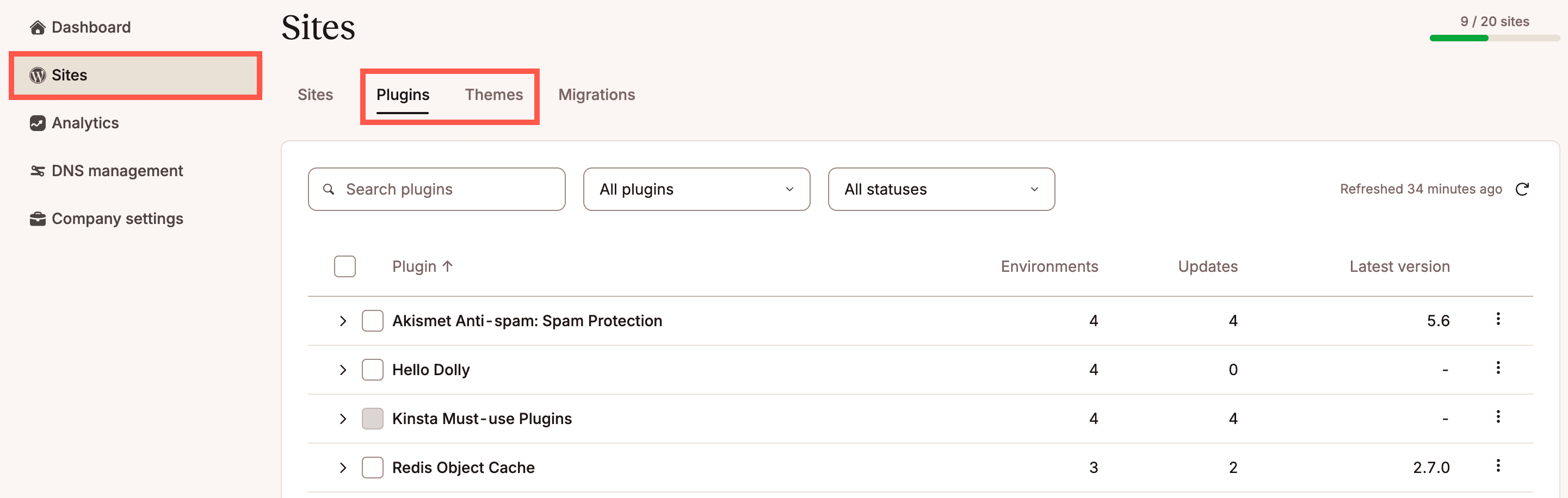 La scheda di gestione dei temi e dei plugin per tutti i siti WordPress ospitati su Kinsta.