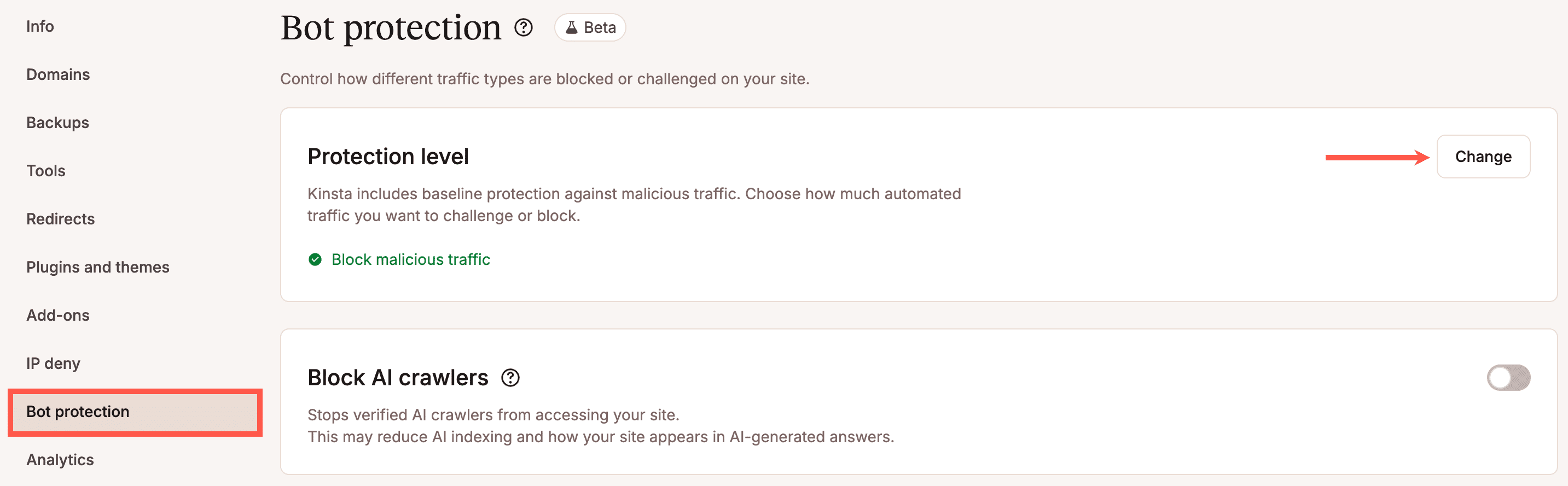 Modifier le niveau de protection contre les robots dans MyKinsta.