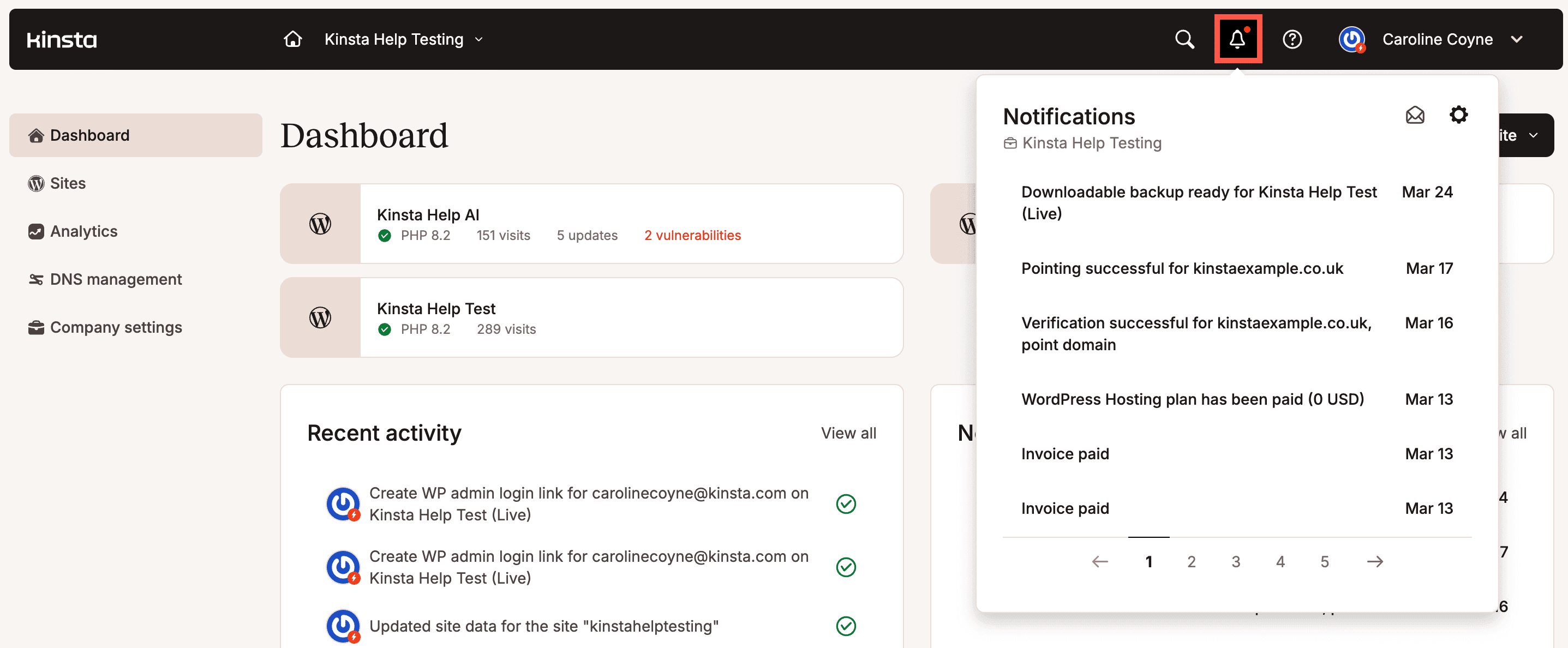 Notifications dans MyKinsta.