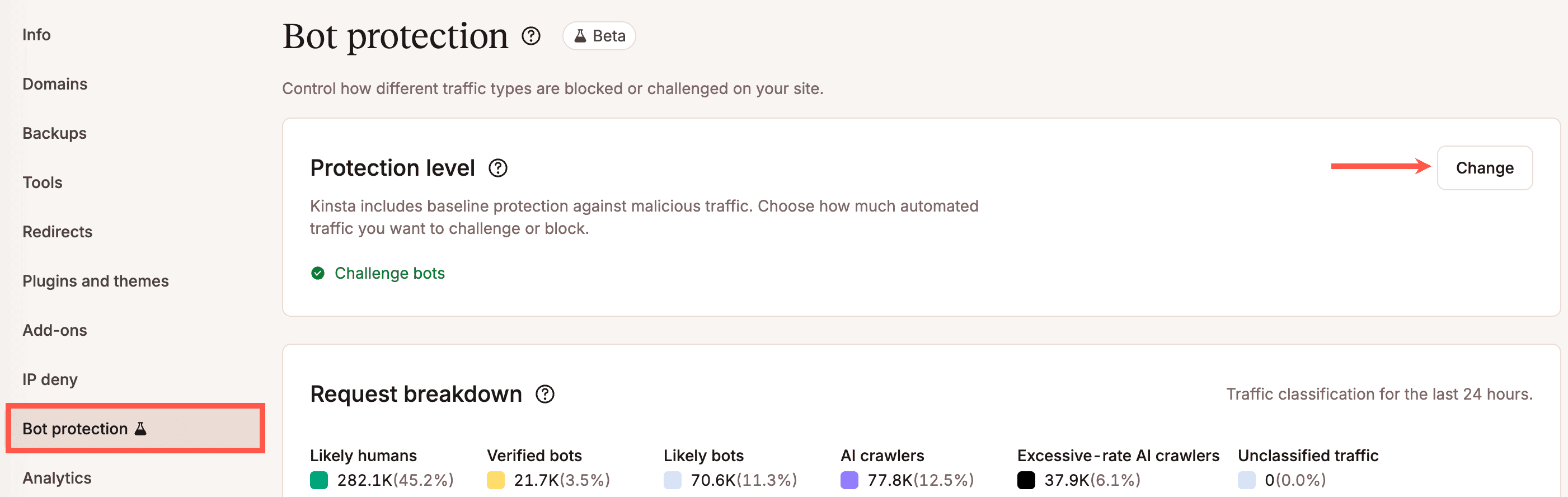 Modificare il livello di protezione bot in MyKinsta.
