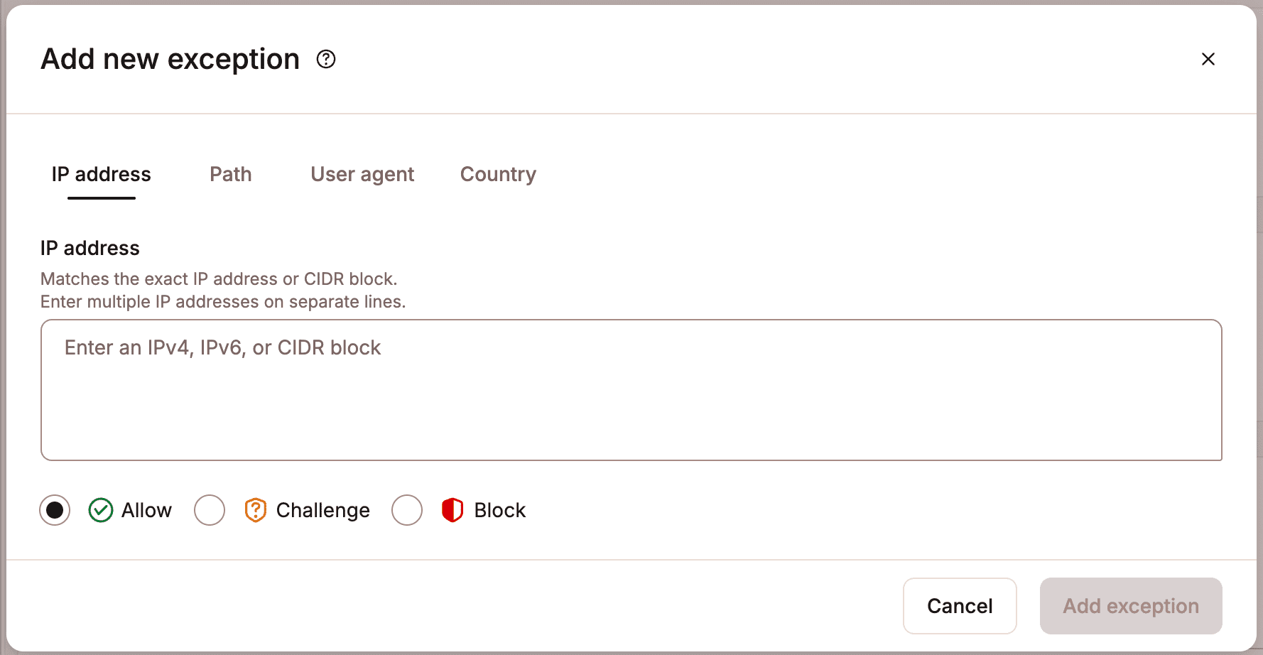 Aggiungi l'indirizzo IP, il percorso, lo user agent o il Paese da escludere dalla protezione anti-bot.